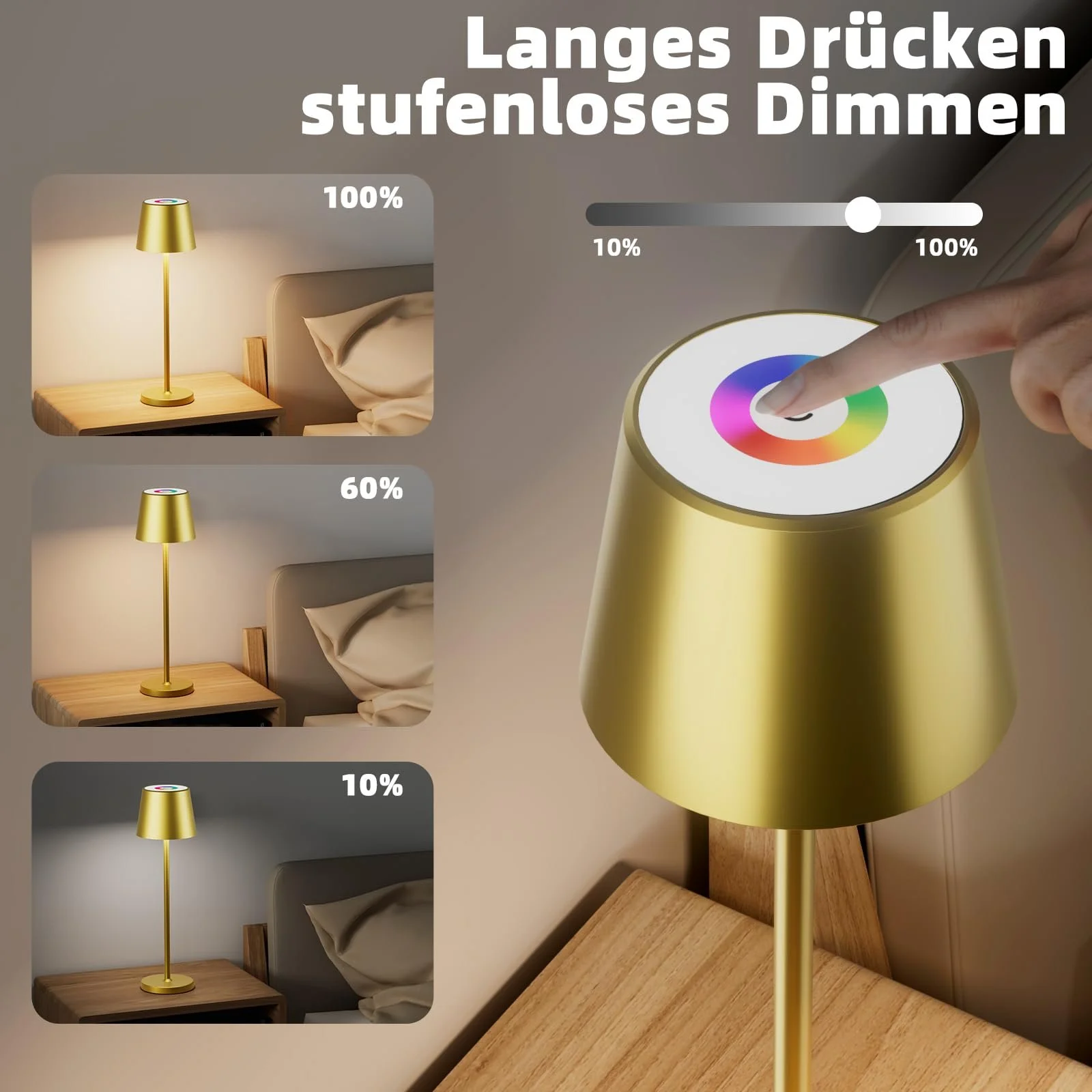 Настільна лампа Qsky Wireless Dimmable LED Battery 3000 K + RGB Алюмінієва IP54 Золотиста (1 шт.), фото №5