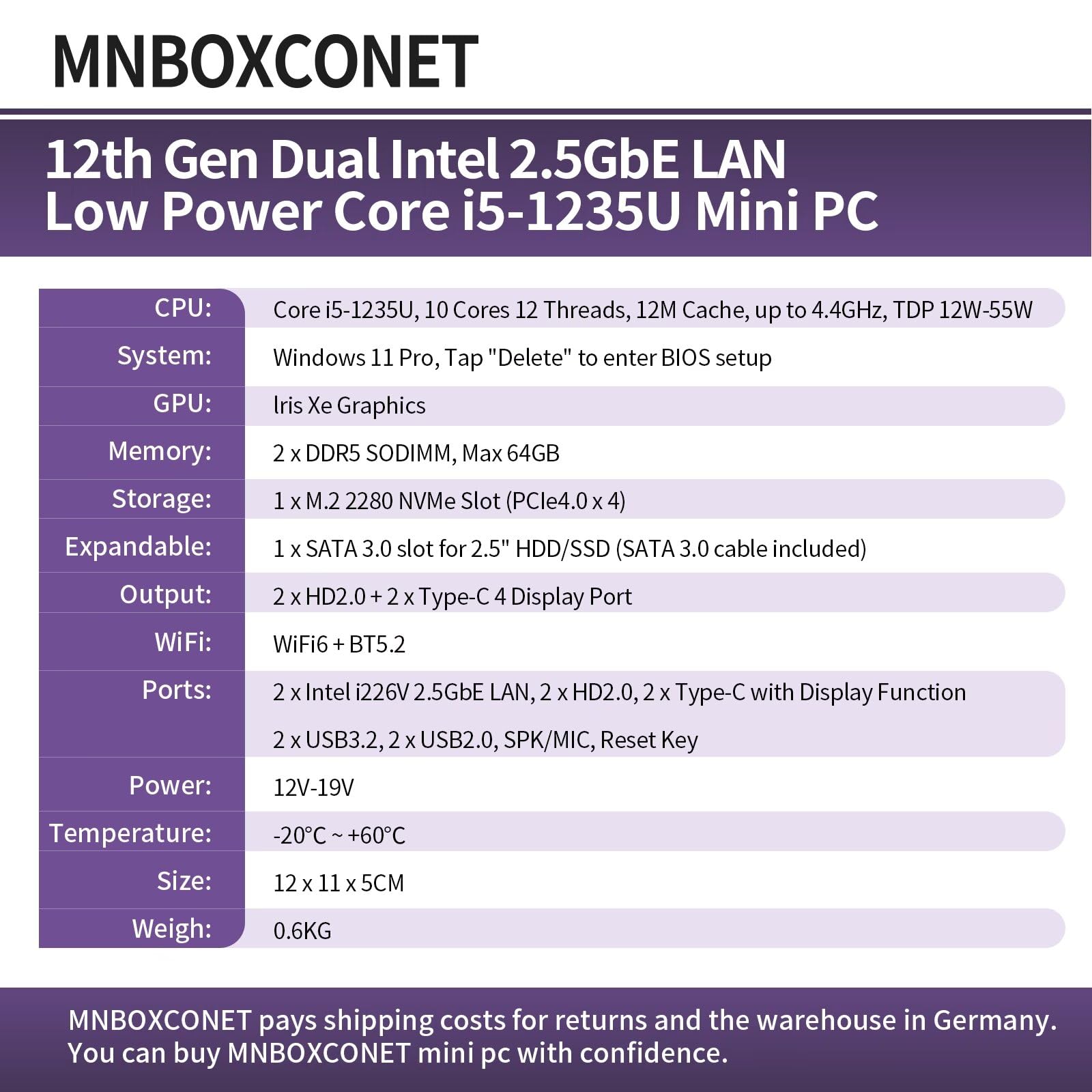 Мини ПК MNBOXCONET Computer 12th Gen Core i5-1235U DDR5 8GB RAM 256GB NVMe SSD lris Xe Graphics Dual i226V 2.5GbE LAN WiFi6/BT5.2 USB3.2, фото №4