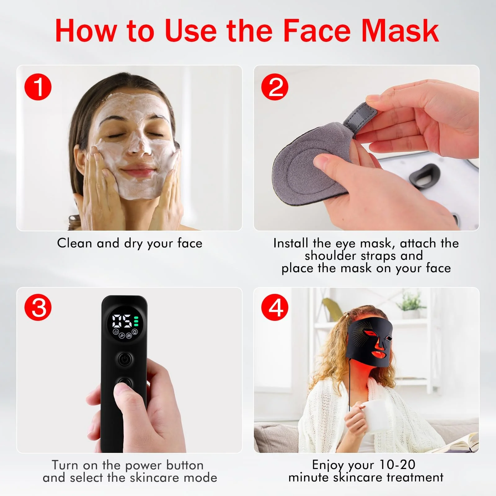 LED Маска USUIELIGHT Світлова терапія 4 Кольори Червоний, фото №8