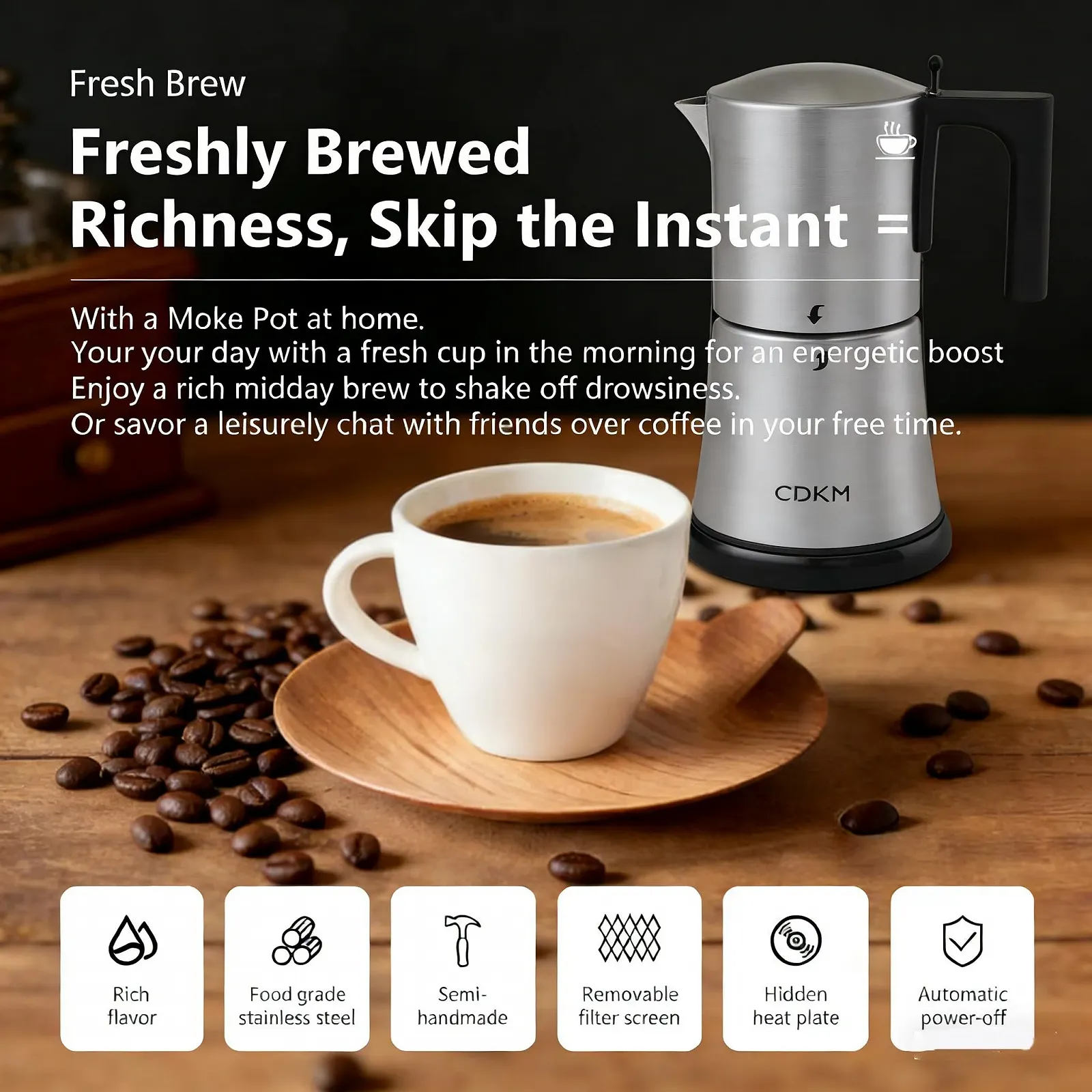 Электрическая гейзерная кофеварка Mocha 3-6 чашек Автоматическая Нержавеющая сталь 304, фото №7