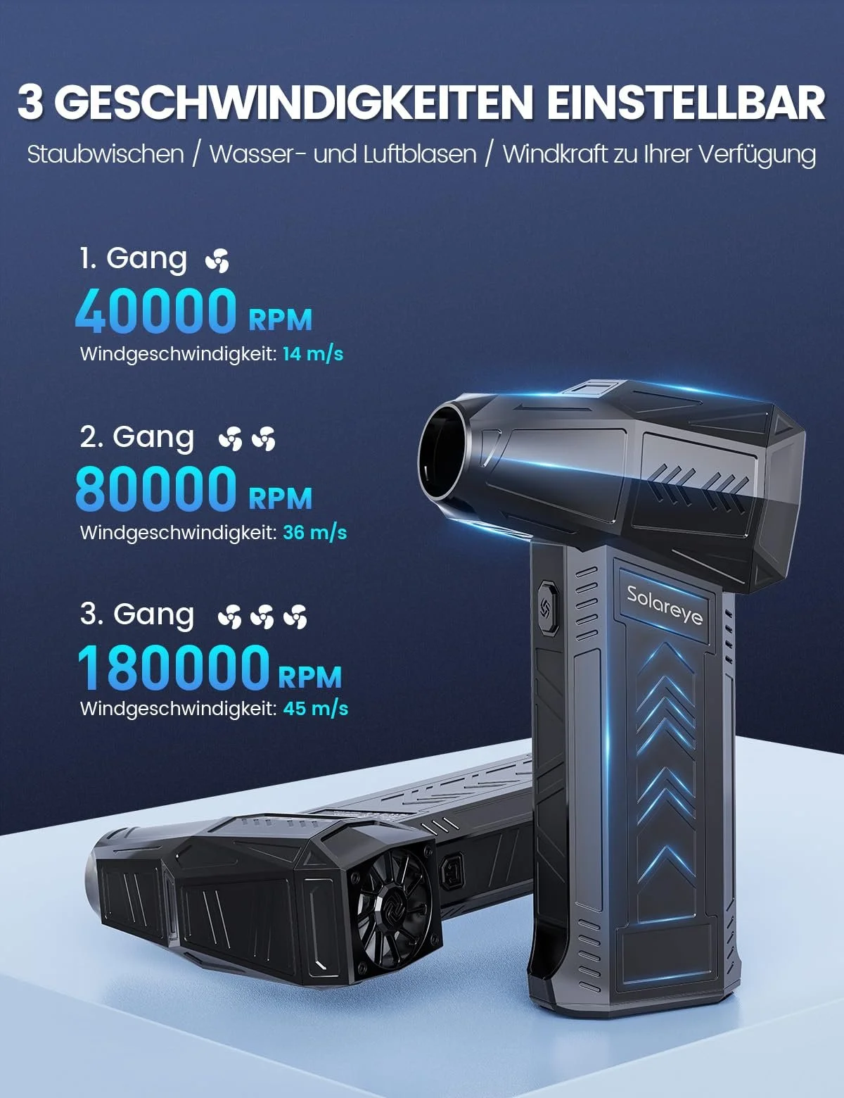 Електрична повітродувка Solareye 3 швидкості 180,000 RPM 6000 mAh з щіткою для чищення та USB швидкою зарядкою, фото №3 Електрична повітродувка Solareye 3 швидкості 180,000 RPM 6000 mAh з щіткою для чищення та USB швидкою зарядкою, фото №3