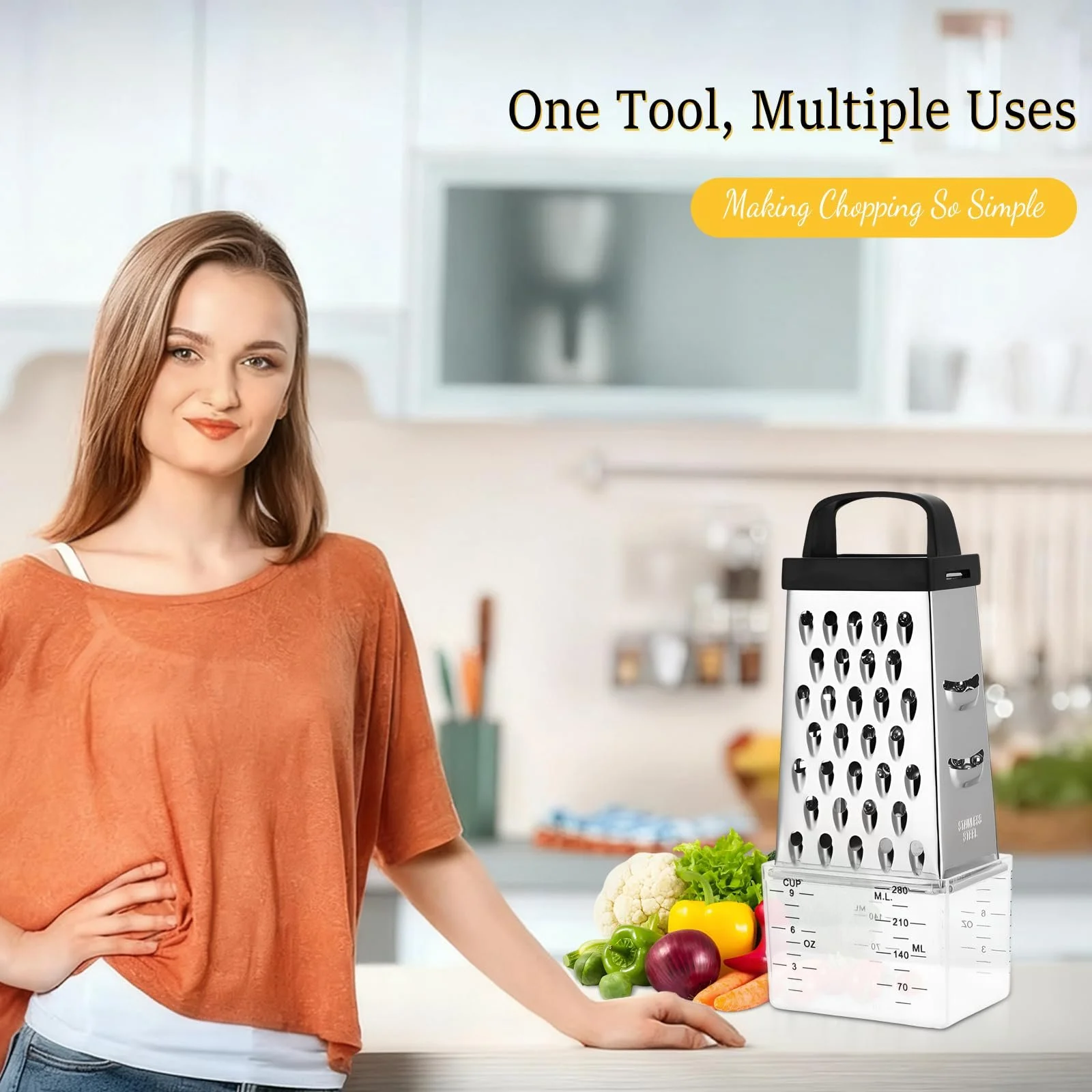 Терка 4-х сторонняя кухонная с контейнером из нержавеющей стали для крупного, среднего, мелкого натирания и нарезки, фото №6