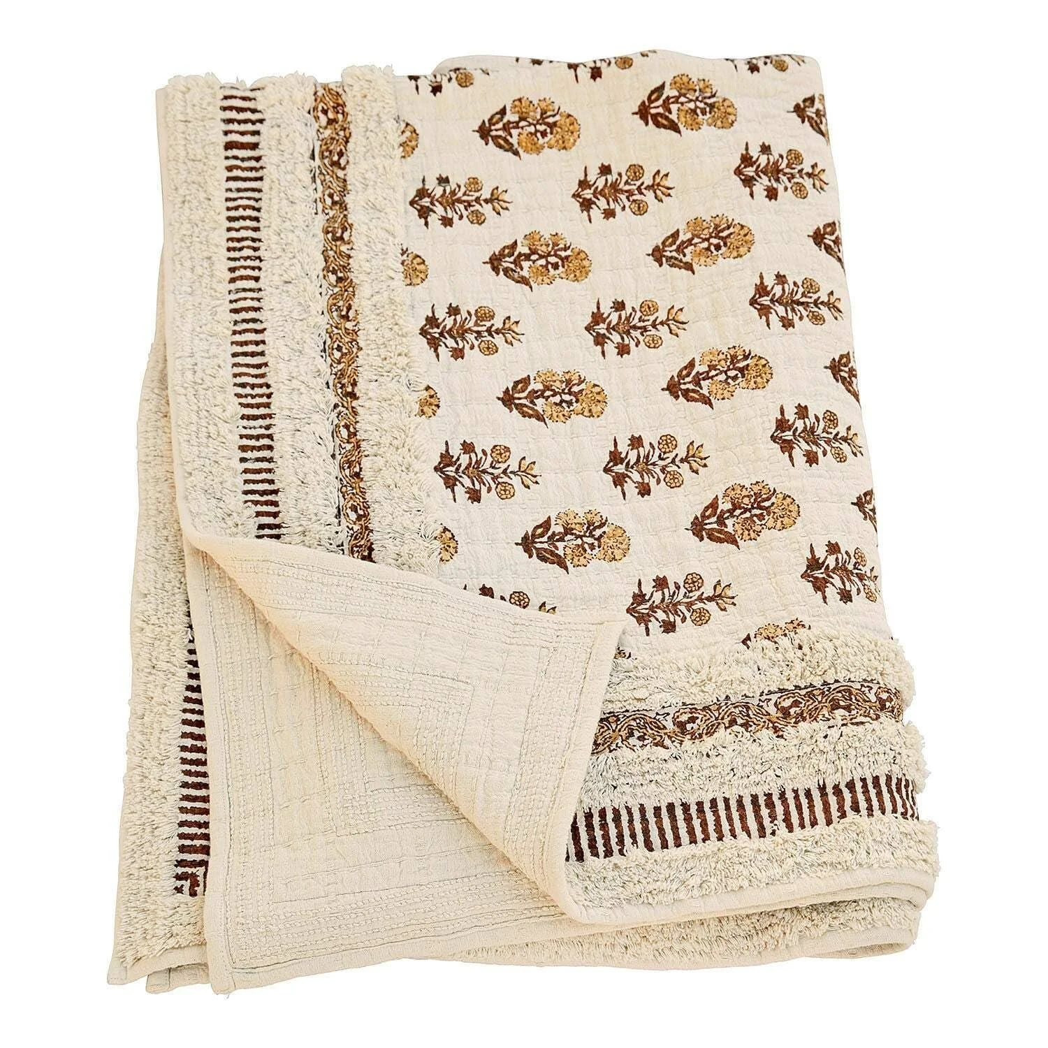 Плед Loberon Arsalan С кисточками Цветочный принт Текстурированный узор Хлопок Кремовый Коричневый, фото №1