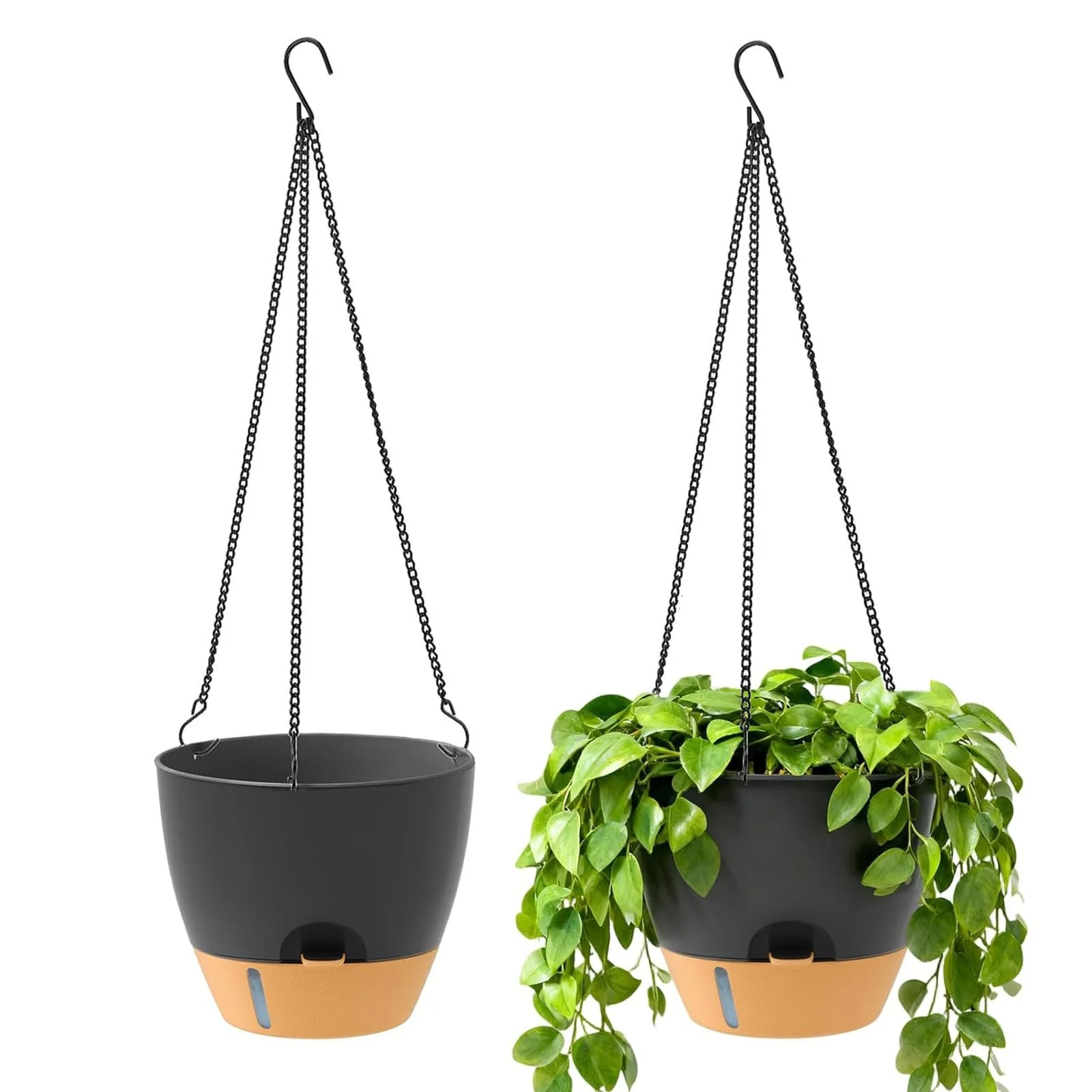 Підвісні горщики з автополивом Пластикові з ланцюжком Чорні Набір з 2 шт., фото №1 Підвісні горщики з автополивом Пластикові з ланцюжком Чорні Набір з 2 шт., фото №1