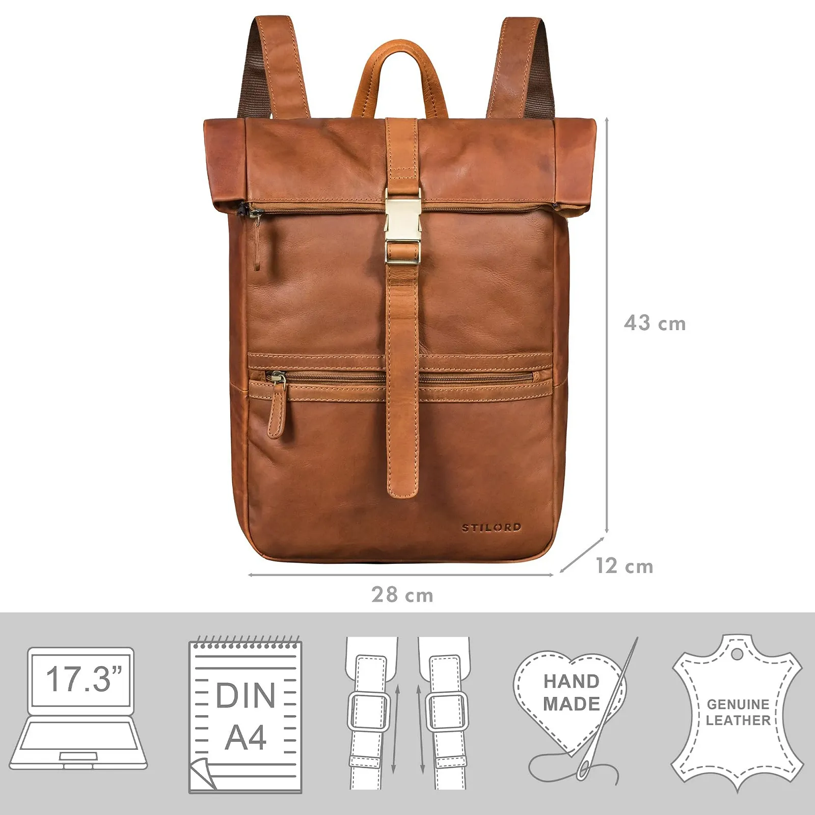 Рюкзак для ноутбука STILORD Cairo 14-17.3 дюйма Rolltop Кожаный Коньячно-коричневый, фото №4
