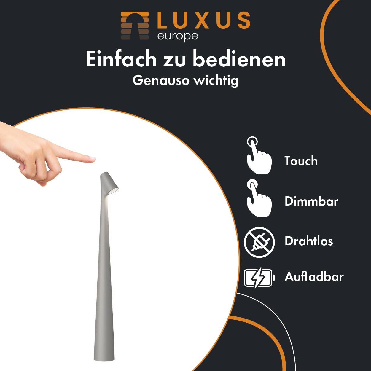 Настільна лампа LUXUS Touch Deluxe Madelief сіра, H35 x Ø5, LED, акумуляторна, бездротова, з регулюванням яскравості, для внутрішнього та зовнішнього використання, фото №1