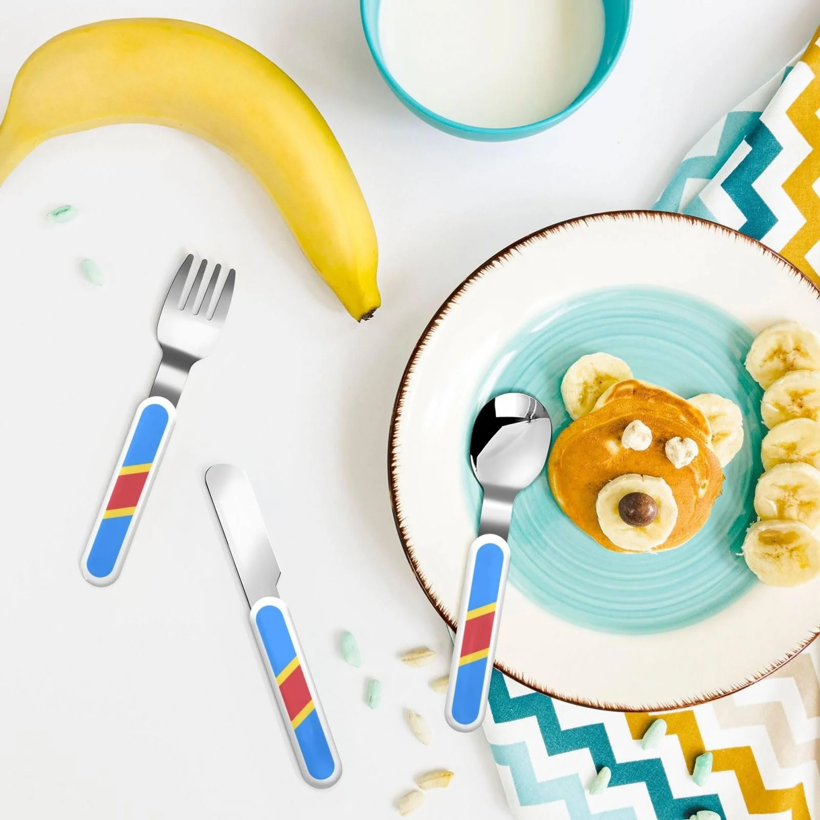 Набір дитячих столових приборів з принтом прапора Конго, три предмети, фото №6 Набір дитячих столових приборів з принтом прапора Конго, три предмети, фото №6