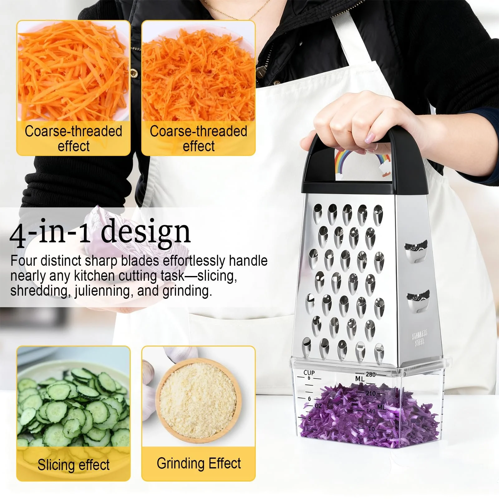 Терка 4-х сторонняя кухонная с контейнером из нержавеющей стали для крупного, среднего, мелкого натирания и нарезки, фото №4