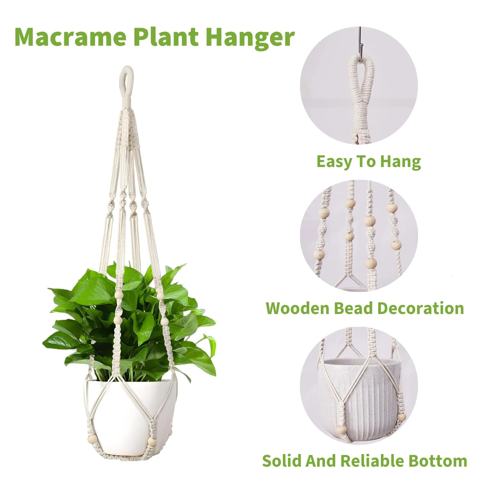 Набор подвесных корзин макраме 2 шт. 35 дюймов хлопок с крючками белый, фото №6