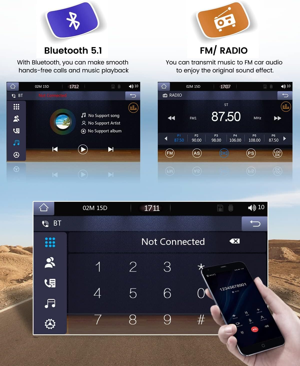 Автомагнітола Hikity / 7" / Сенсорна / Apple CarPlay / Android Auto / Bluetooth / USB / AUX / TF slot / 1DIN, фото №3