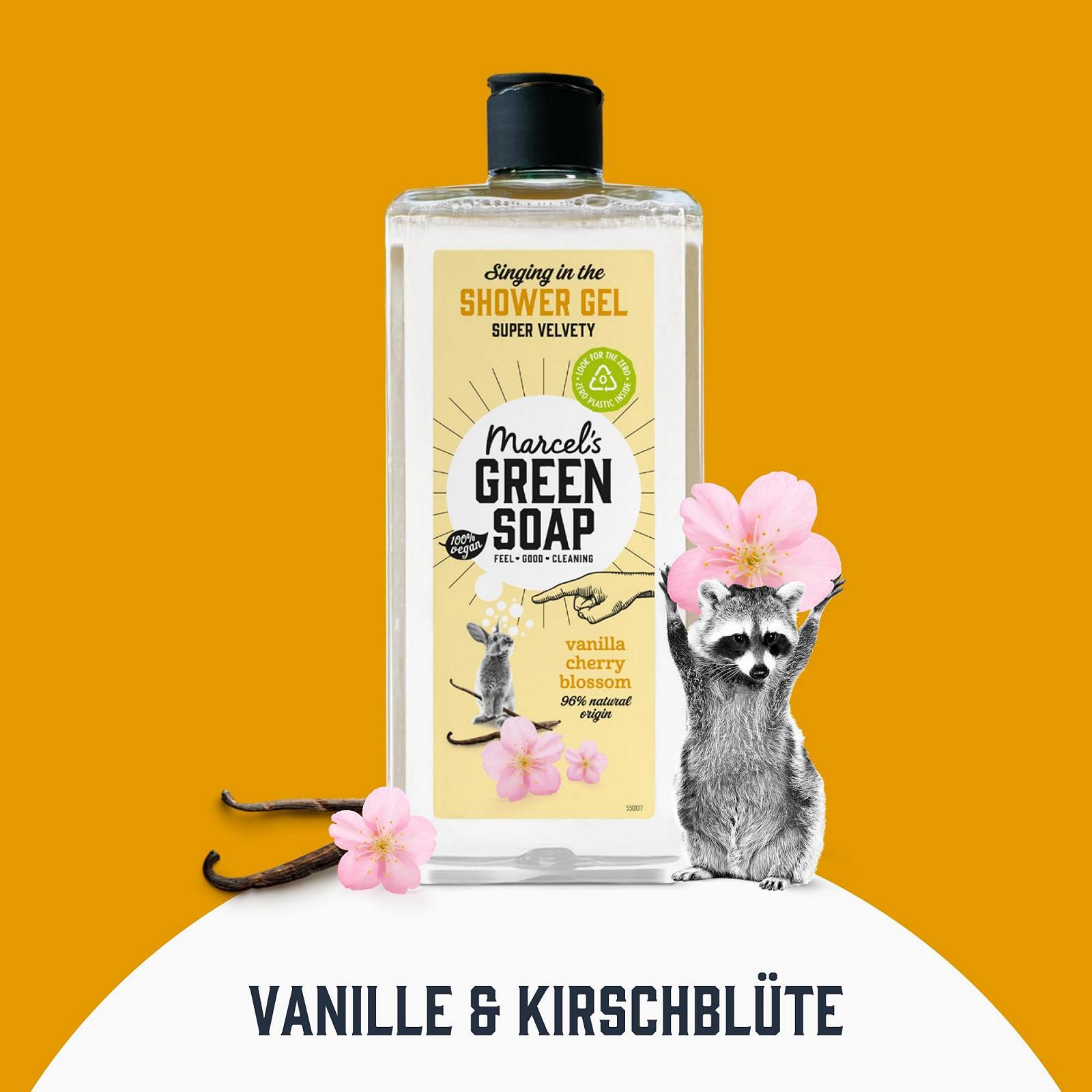 Гель для душа Marcel's Green Soap Vanilla & Cherry Blossom без микропластика в бутылке из переработанного пластика 98% биоразлагаемый веганский, фото №8