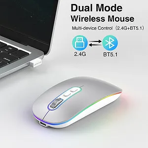Миша Bluetooth Cimetech Wireless (Bluetooth 5.1 + USB 2.4 GHz) LED Dual Mode Rechargeable Optical Office Wireless для ноутбука MacBook Air Pro, iPad, комп'ютера, настільного ПК з адаптером USB C synthetic.ua - Фото 1