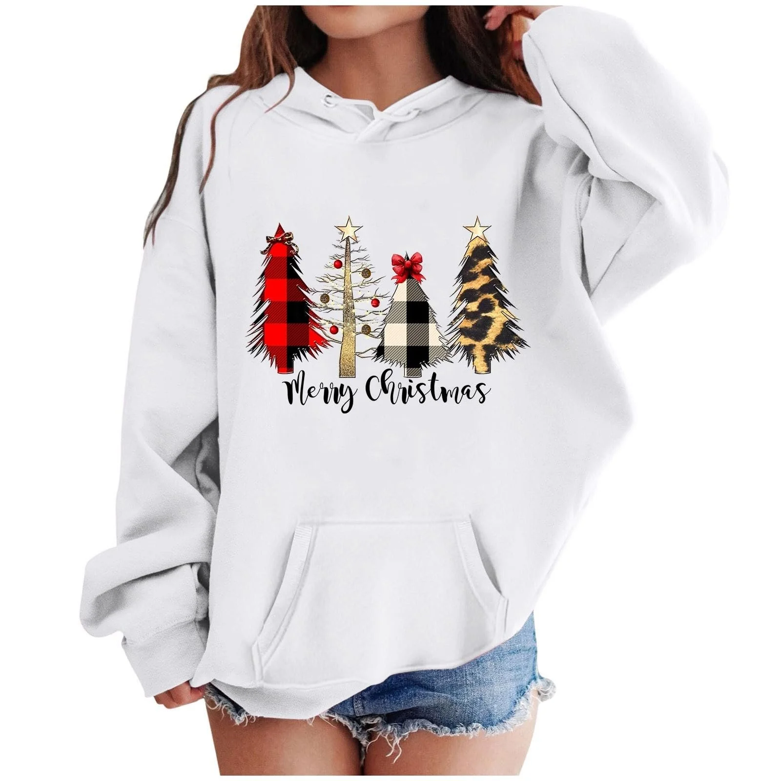 Рождественский джемпер с длинными рукавами для девочек, забавная рождественская толстовка с капюшоном, рождественский наряд, уродливая рождественская толстовка с оленем, снеговиком, принтом елки, фото №1