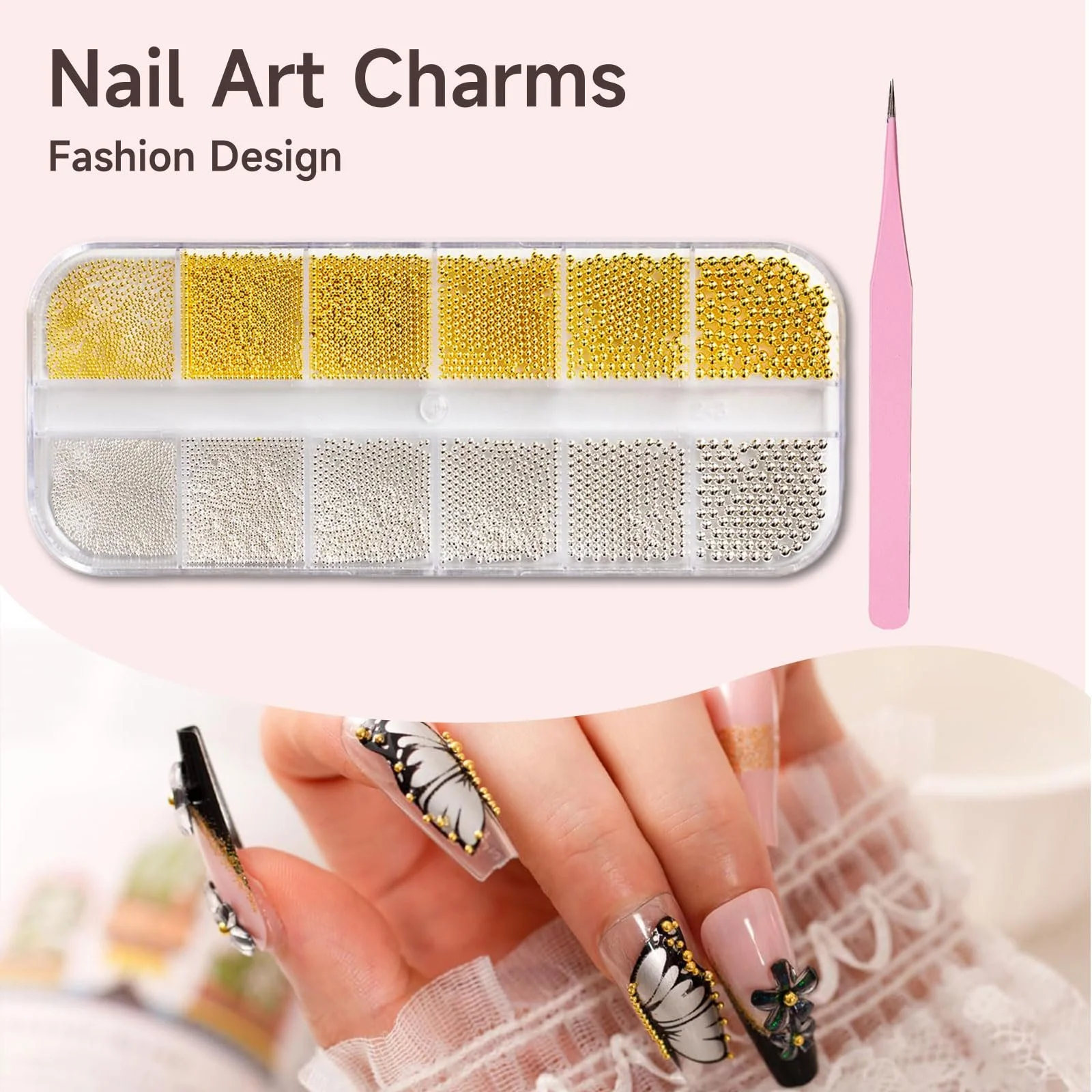 Икра для ногтей GlamRays, золотые украшения для ногтей 12 Degree и серебряные икринки для ногтей, 2 упаковки цепочек для дизайна ногтей, ювелирные изделия для ногтей, бисер для ногтей, фото №5