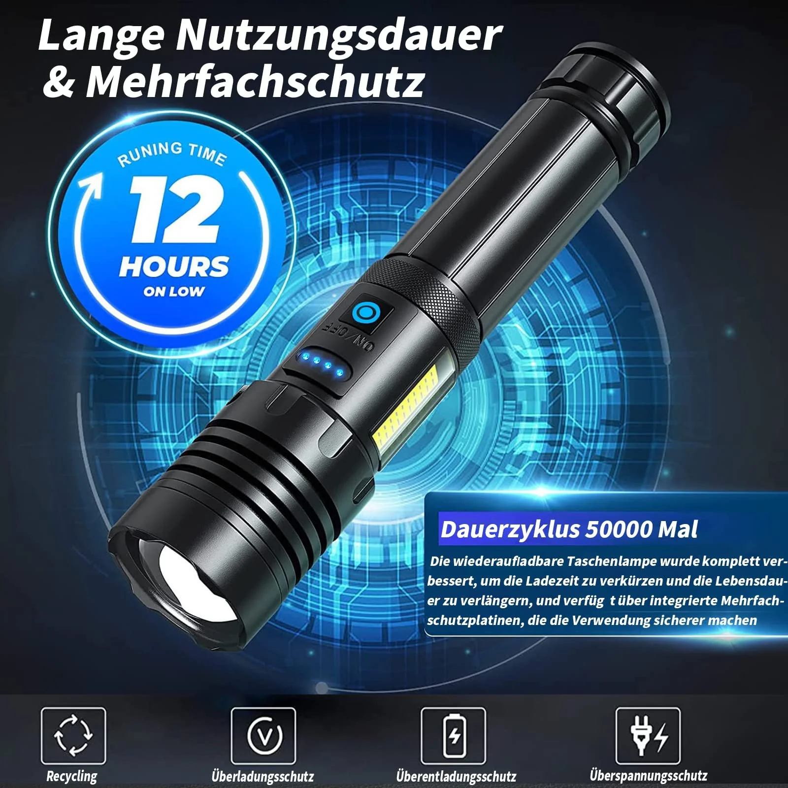 Світлодіодний ліхтар Cinlinso 500 000 люмен, тактичний, USB-C, акумуляторний, 7 режимів, масштабований, IPX6, з батареєю, фото №7