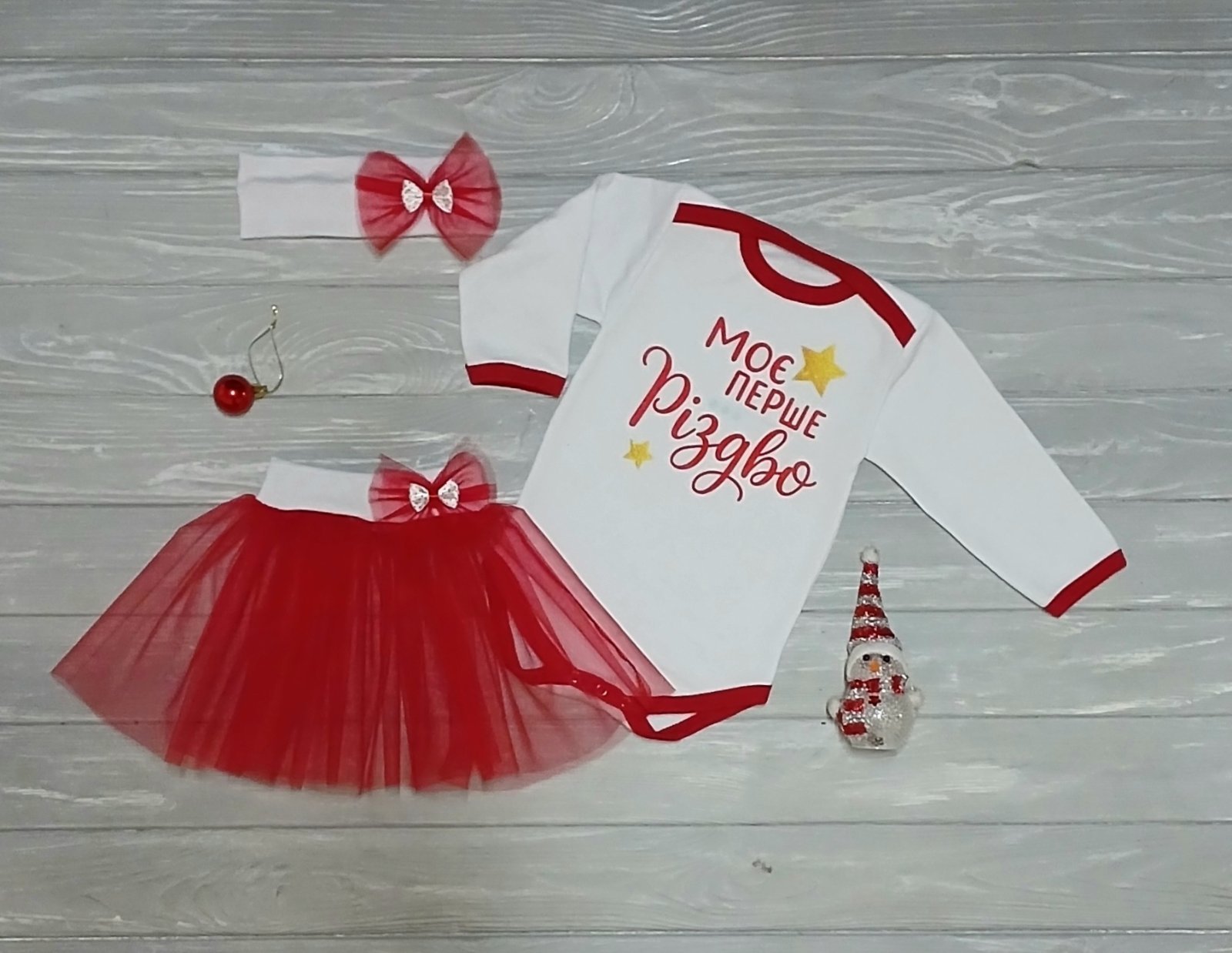 Праздничный набор «мое первое Рождество» для девочек от 68 до 86 см: новогодний костюм боди, юбка и повязка, фото №3