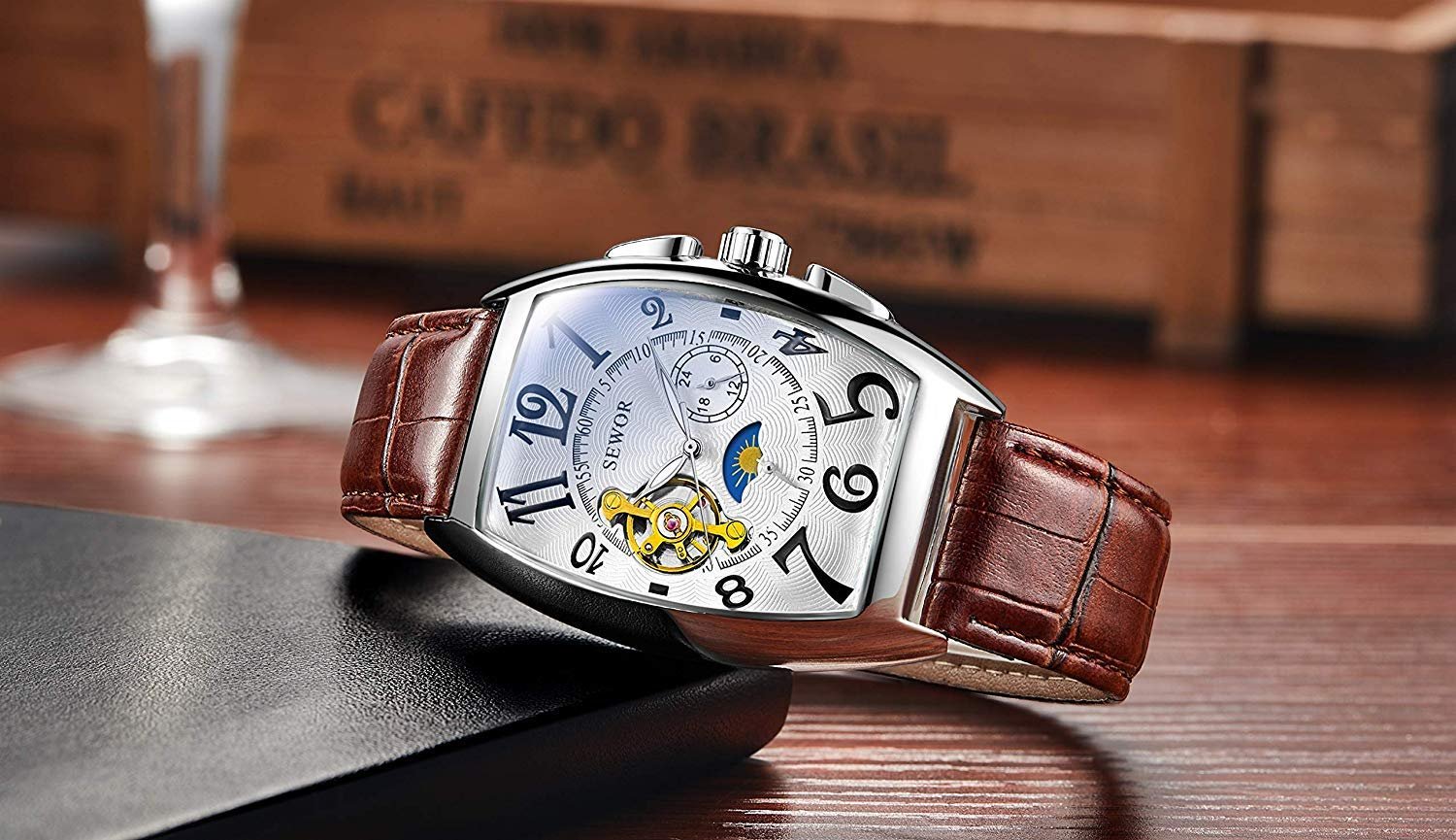 Часы SEWOR Luxury Tourbillon Moon Phase Automatic Mechanical для мужчин Кожаный ремешок Синий, фото №3
