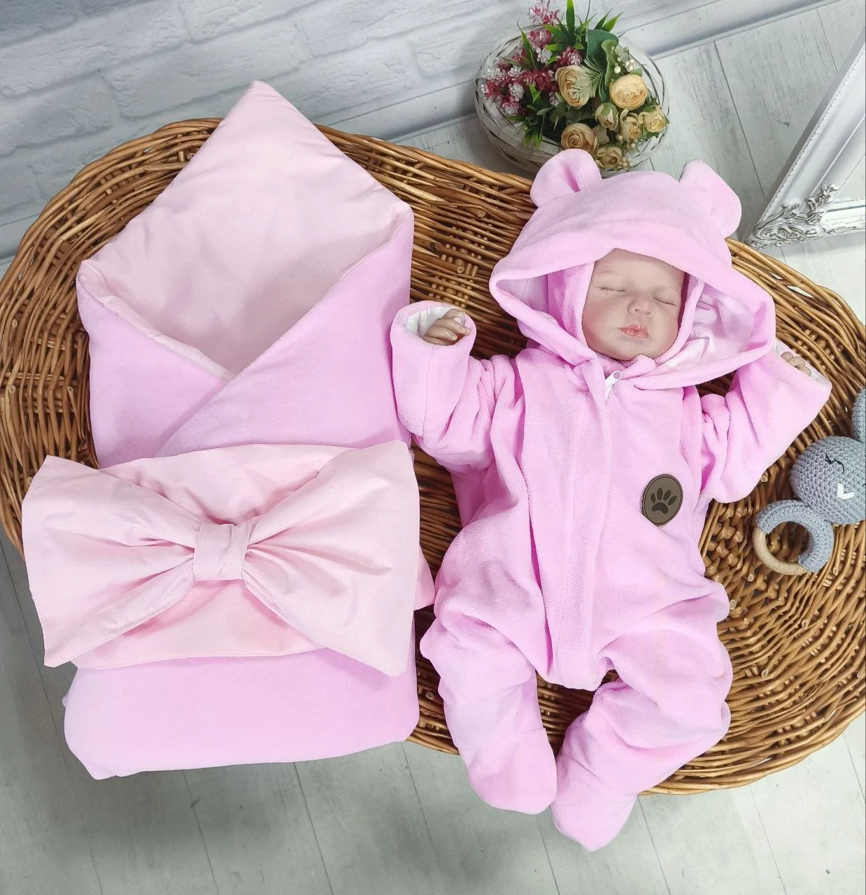 Набор на выписку, демисезонный набор Велюр для новорожденного, весна-осень розовый, фото №1