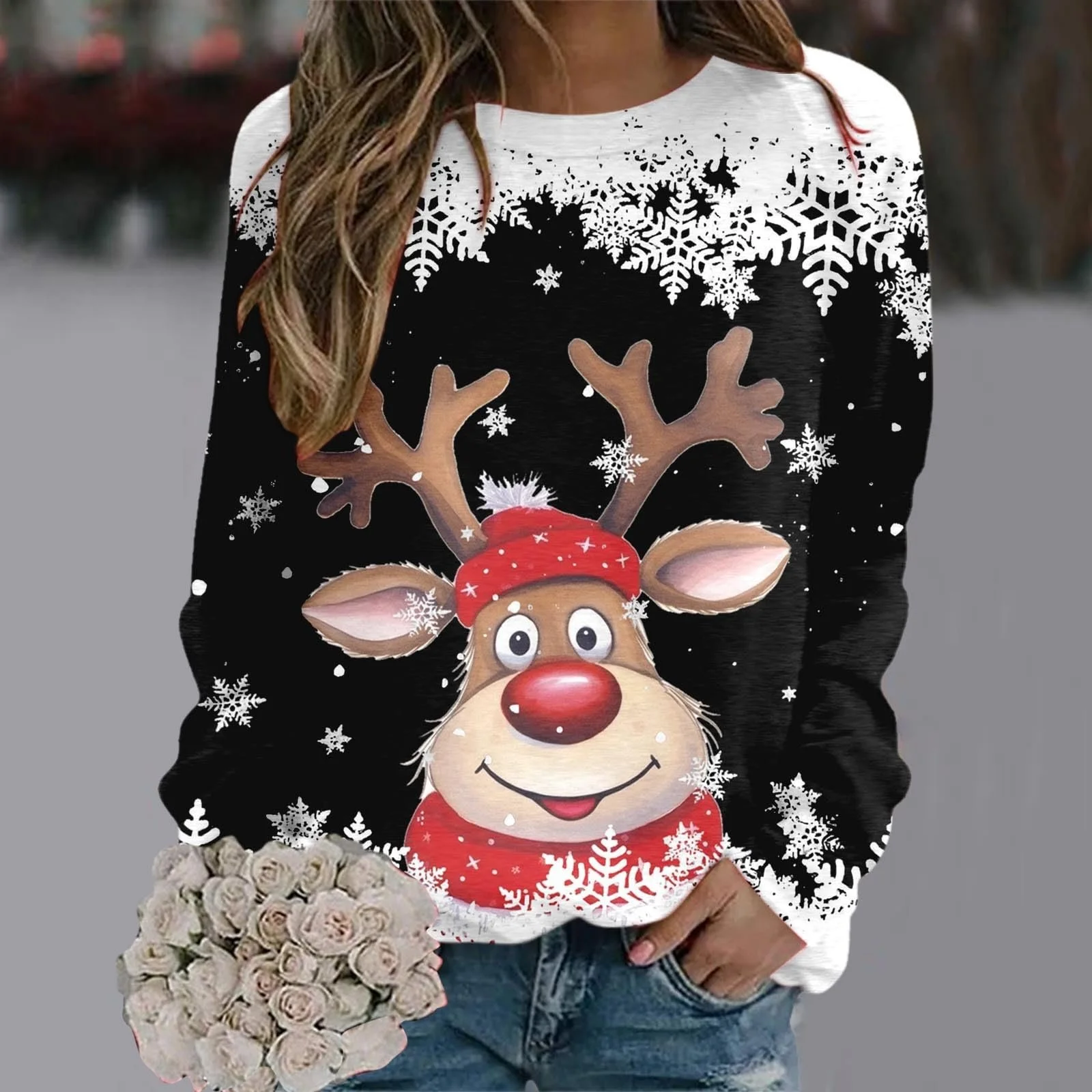 Женское Рождественское Худи с Длинными Рукавами, Милый Свитшот с Принтом Животных, Свободный, Элегантный, Сексуальный, Теплый, фото №3
