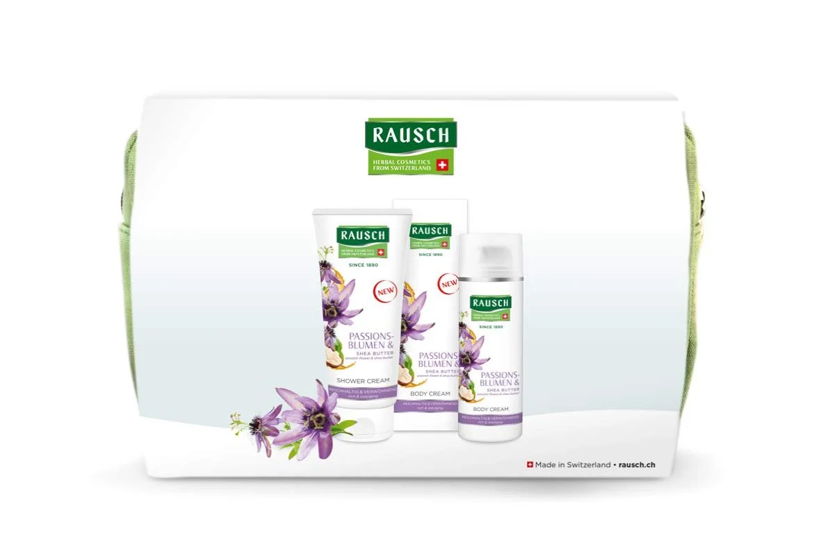 Набір Rausch Квіти пристрасті та масло ши: Крем-гель для душу 200 мл, крем для тіла 150 мл і косметичка (зелена), фото №1 Набір Rausch Квіти пристрасті та масло ши: Крем-гель для душу 200 мл, крем для тіла 150 мл і косметичка (зелена), фото №1