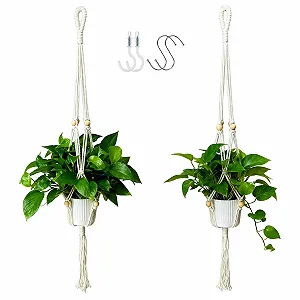 Подвесное кашпо макраме 2 шт. Хлопковый держатель для растений в стиле бохо с кисточками и крючками 90 см Белый - Фото 1