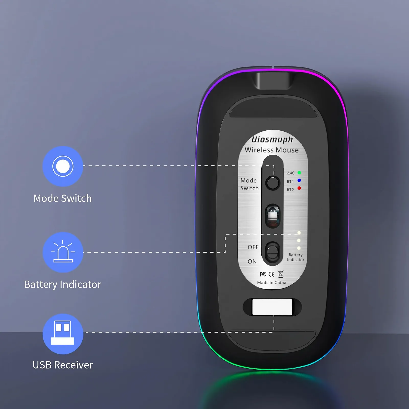 Мышь Uiosmuph Беспроводная Bluetooth Светодиодная Перезаряжаемая Тихая 2,4 GHz с USB Нано-приемником Черная матовая, фото №7