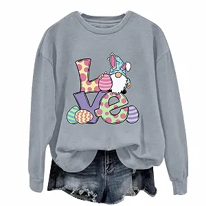 Женский свитшот Generisch HUIFUAO Happy Easter, принт кролика и яиц, с длинными рукавами - Фото 1