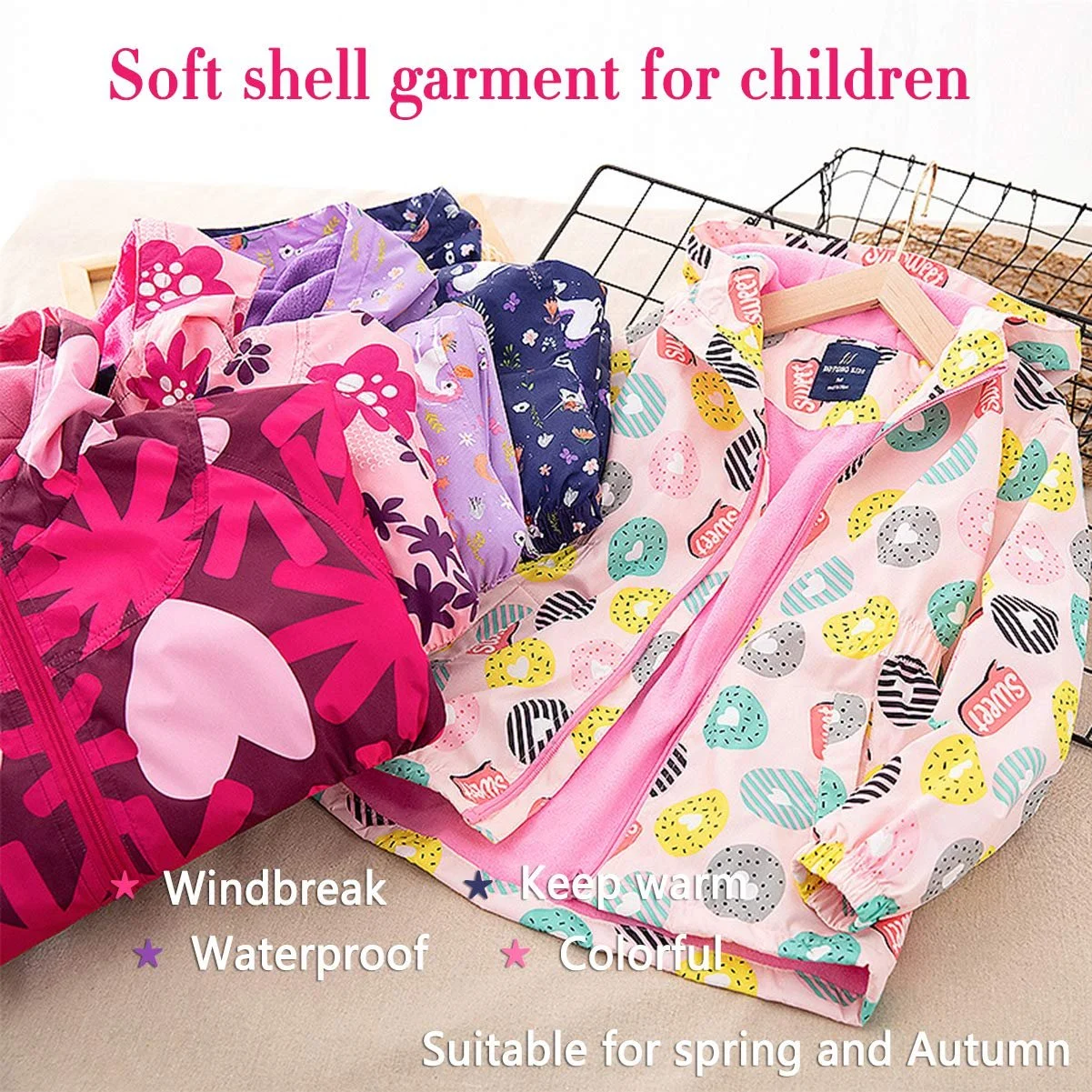 Детская софтшелл куртка для девочек SXSHUN с флисовой подкладкой, переходная куртка с принтом, для хайкинга, уличная куртка, теплая, ветрозащитная, дышащая, весна-осень, фото №5