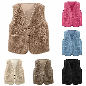 Жилет Teddy Fleece Детский Унисекс Безрукавка Зимняя Куртка V-образный вырез Свободный Флисовый Жилет Зимний Теплый Однотонный Плюшевый Жилет для Девочек - Фото 1