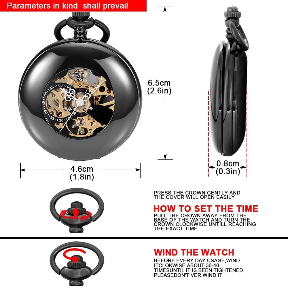 Кишеньковий годинник Механічний Tiong Вінтажний гладка сталь Скелетон Чорний, фото №8