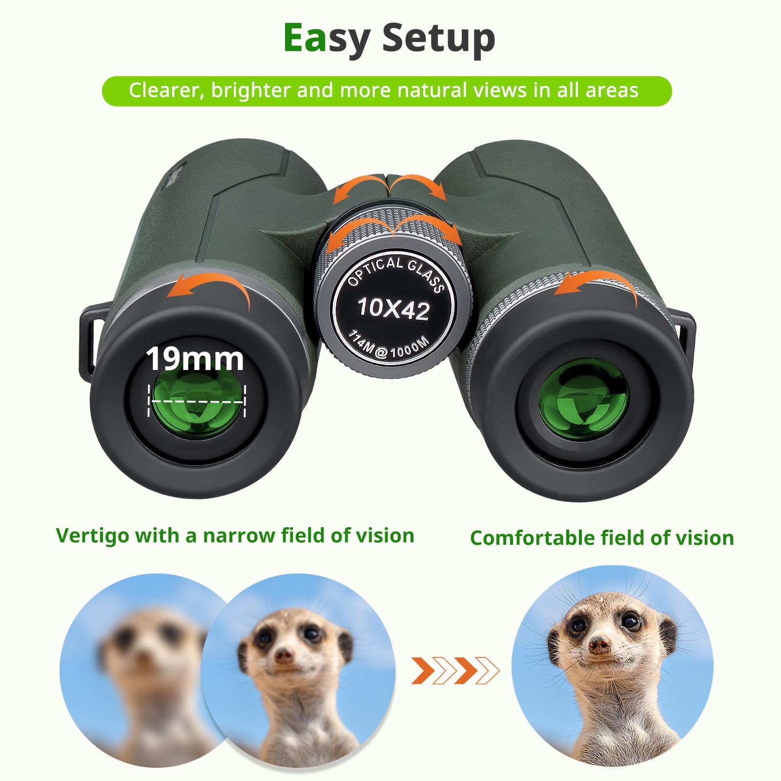 Бінокль UBeesize HD 10 x 42 Водонепроникний 19 мм HD Окуляр, BAK4+FMC для дорослих для спостереження за птахами, походів, полювання, огляду, зелений, фото №4