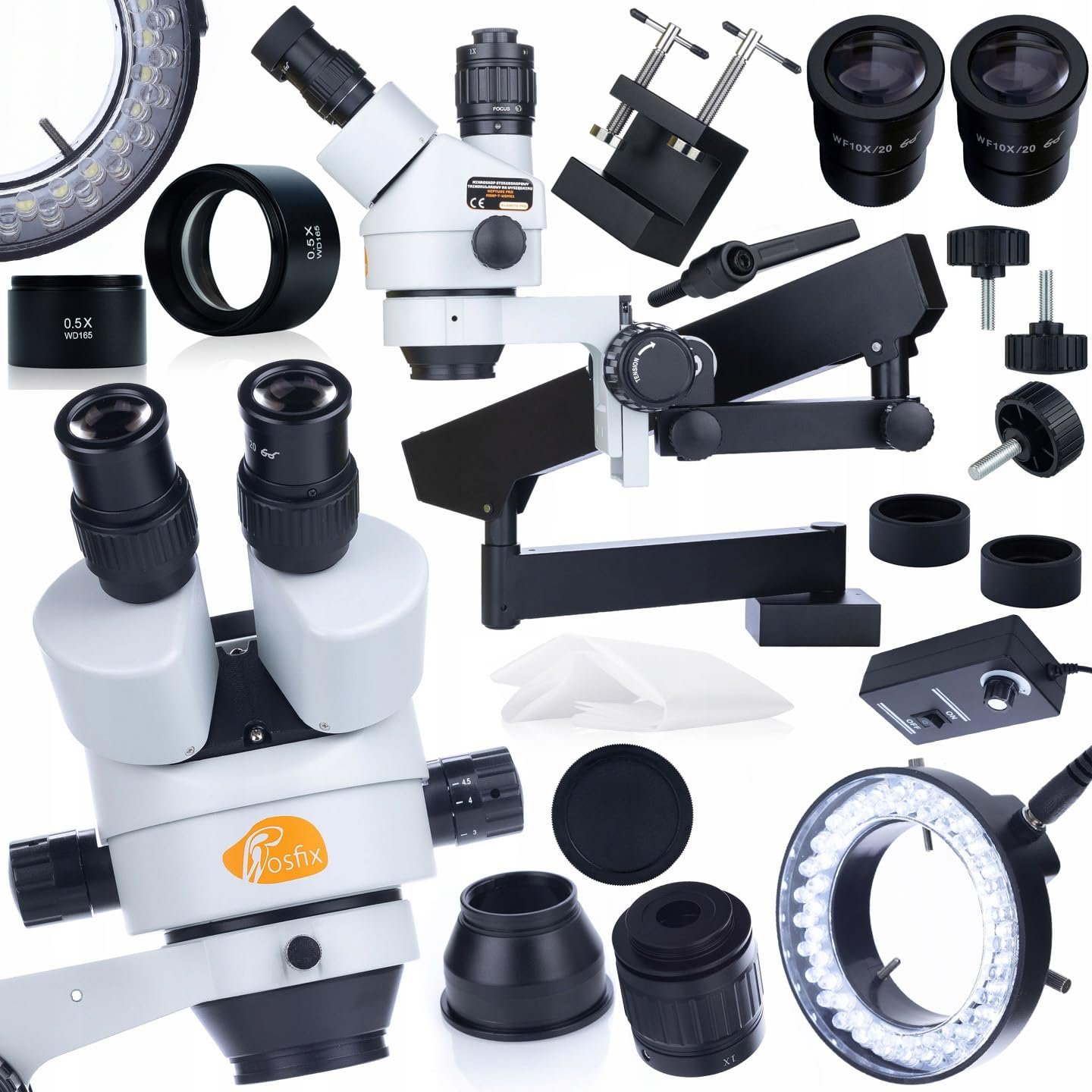 Стереомикроскоп тринокулярный Rosfix Set Neptune Pro MSNP-T-WDMS1 с выдвижной стрелой | Зум 7–45x, кольцевое светодиодное освещение, линза 0,5x | Simul-Fokus | Лабораторный и промышленный микроскоп, фото №1