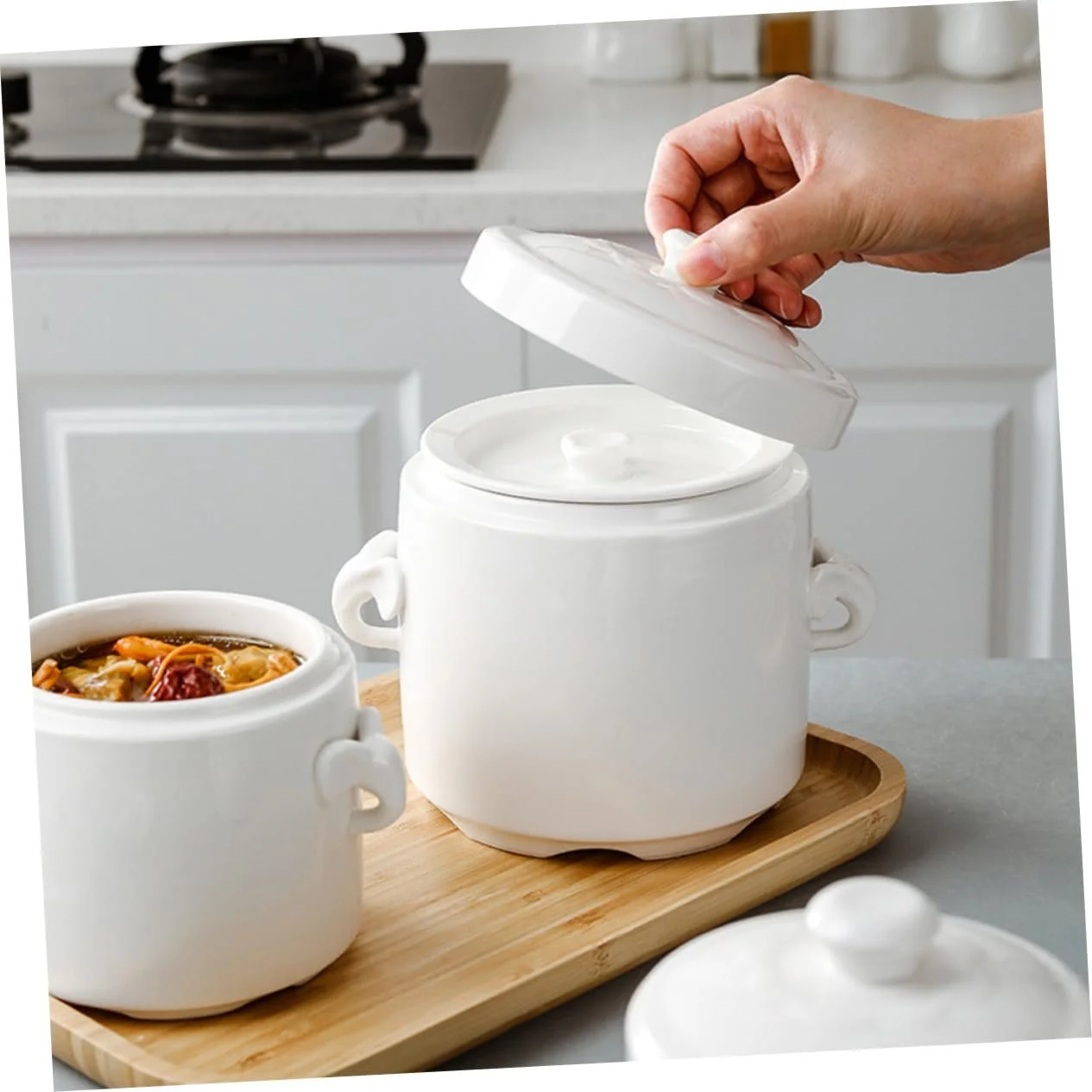 Горшок для запекания керамический с крышкой для супа белый, фото №6