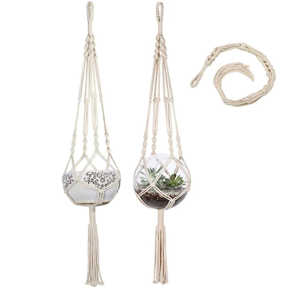 Подвесное кашпо макраме Boho из хлопковой веревки 65 см Бежевый, фото №4