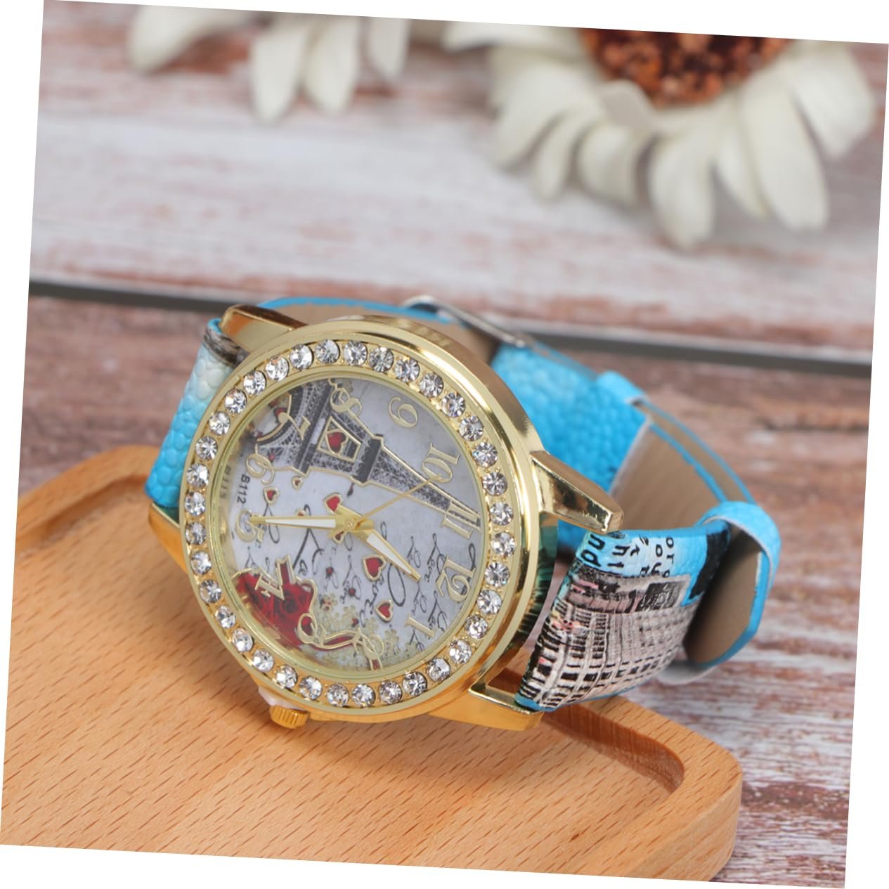 Женские часы PartyKindom с PU кожаным ремешком, регулируемыми стразами и мотивом сердца, аналоговые кварцевые часы, синий, фото №3