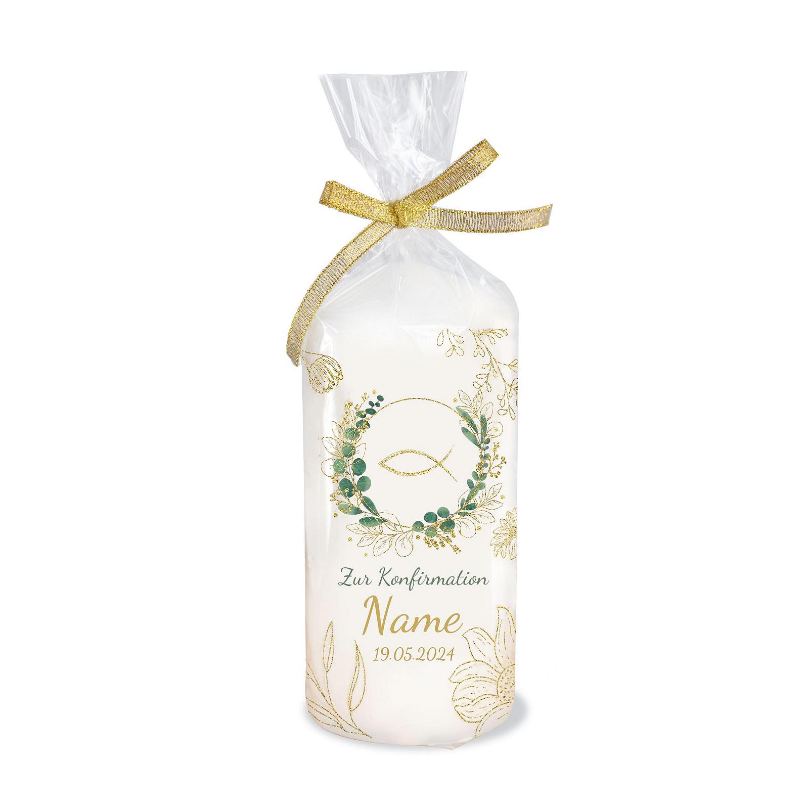 Свеча Personalised Confirmation с именем с эвкалиптовым венком и рыбкой временем горения 35 часов диаметр 6.8 x высота 15 см, фото №2 Свеча Personalised Confirmation с именем с эвкалиптовым венком и рыбкой временем горения 35 часов диаметр 6.8 x высота 15 см, фото №2