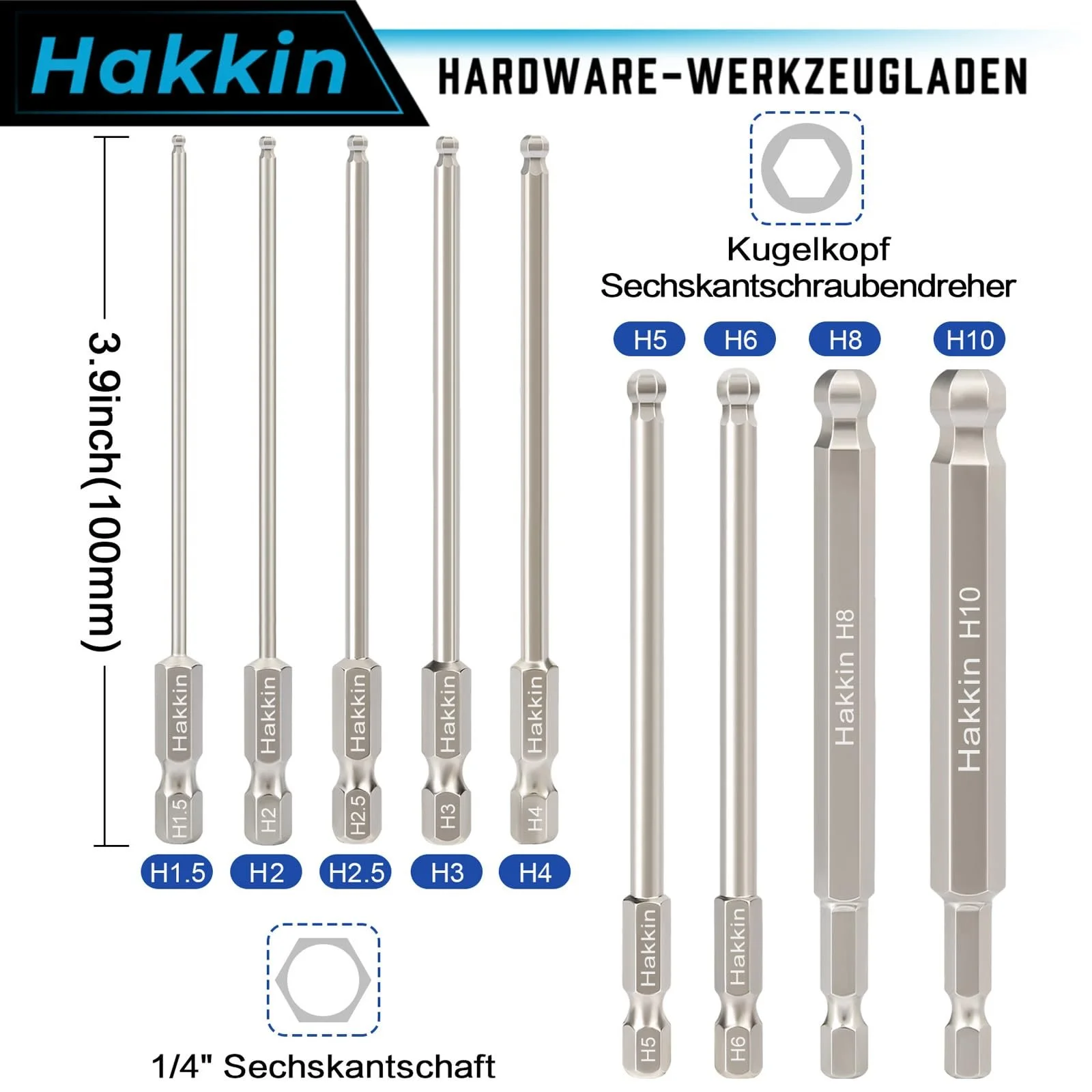 Набір Hakkin 9 штук 100 мм гвинтова викрутка 1/4 дюйма шестигранний хвостовик кульковий шестигранний біта S2 легована сталь 1.5/2/2.5/3/4/5/6/8/10 мм шестикутний магнітний набір біт електроінструменти, фото №2