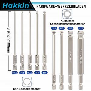 Набір Hakkin 9 штук 100 мм гвинтова викрутка 1/4 дюйма шестигранний хвостовик кульковий шестигранний біта S2 легована сталь 1.5/2/2.5/3/4/5/6/8/10 мм шестикутний магнітний набір біт електроінструменти synthetic.ua - Фото 1