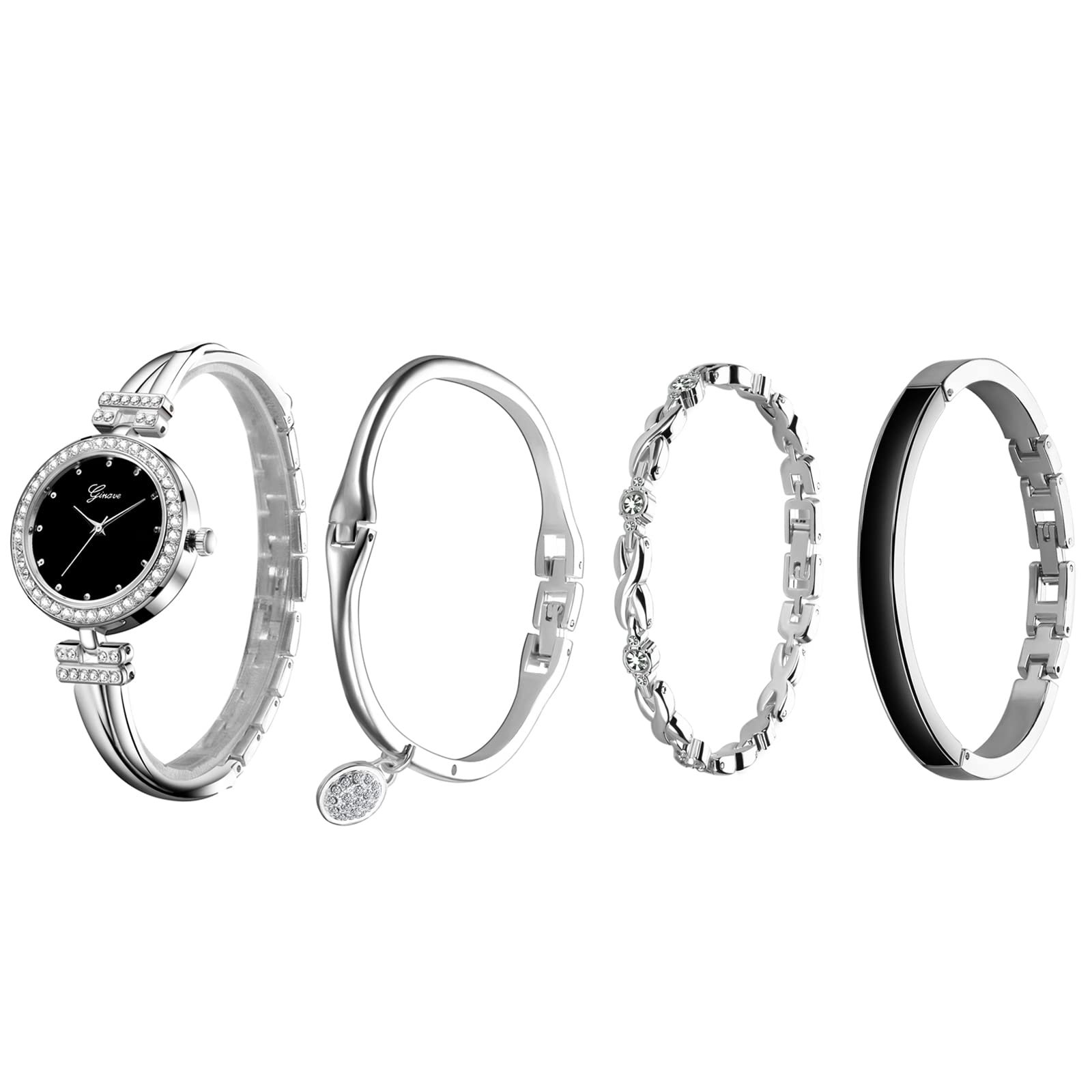 Набор: Женские часы-браслет JewelryWe, 4 шт, Кварцевые, Аналоговые, Металл, Стразы, фото №1