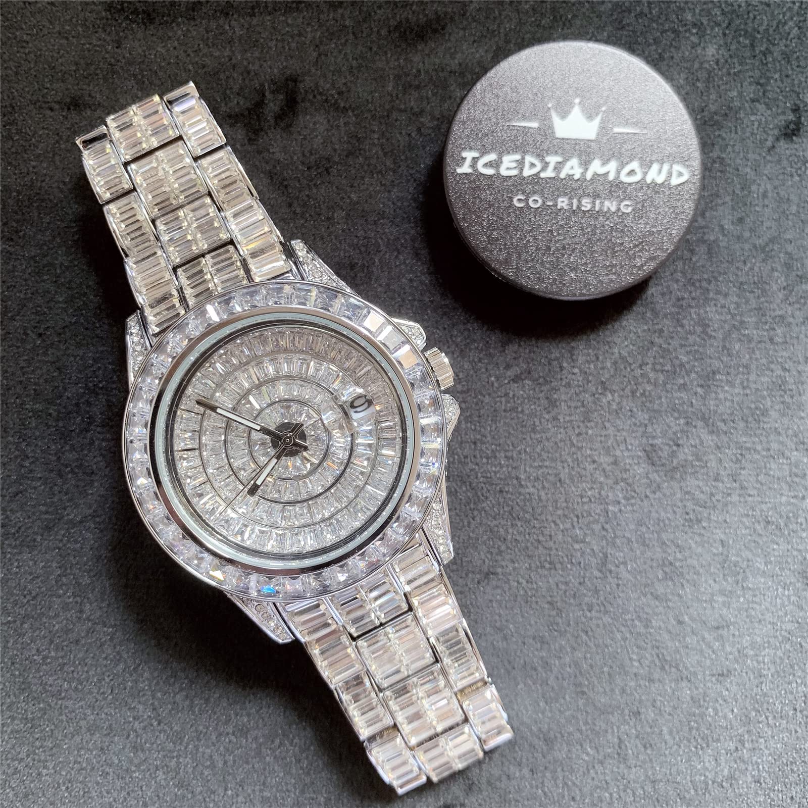Часы ICEDIAMOND 42 мм С календарем Украшенные багетами CZ алмазы Кварцевые Золотистые Хронометр Женский с Топазами, фото №6
