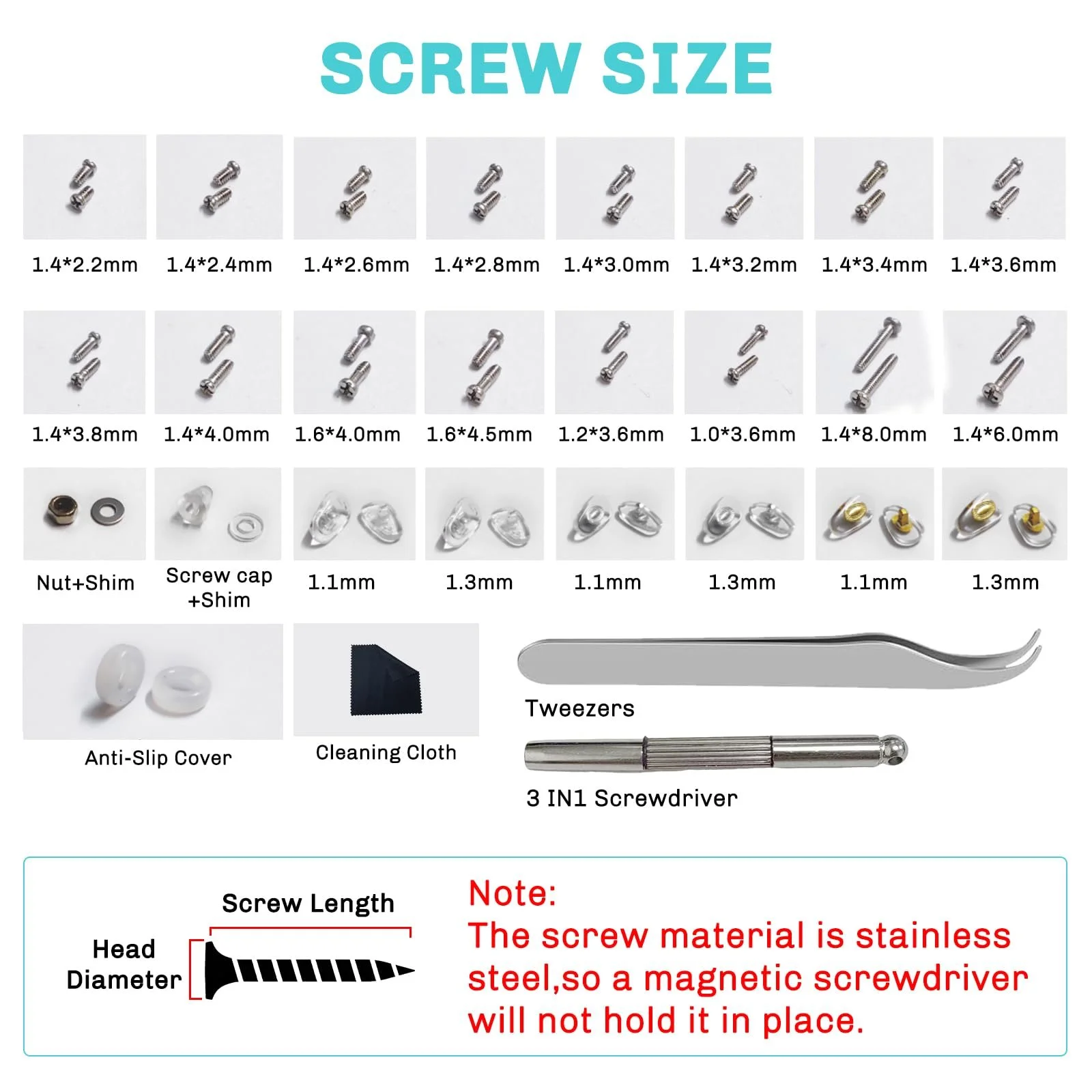Набір для ремонту окулярів з гвинтами, носоупорами, пінцетом та прецизійними викрутками, фото №2