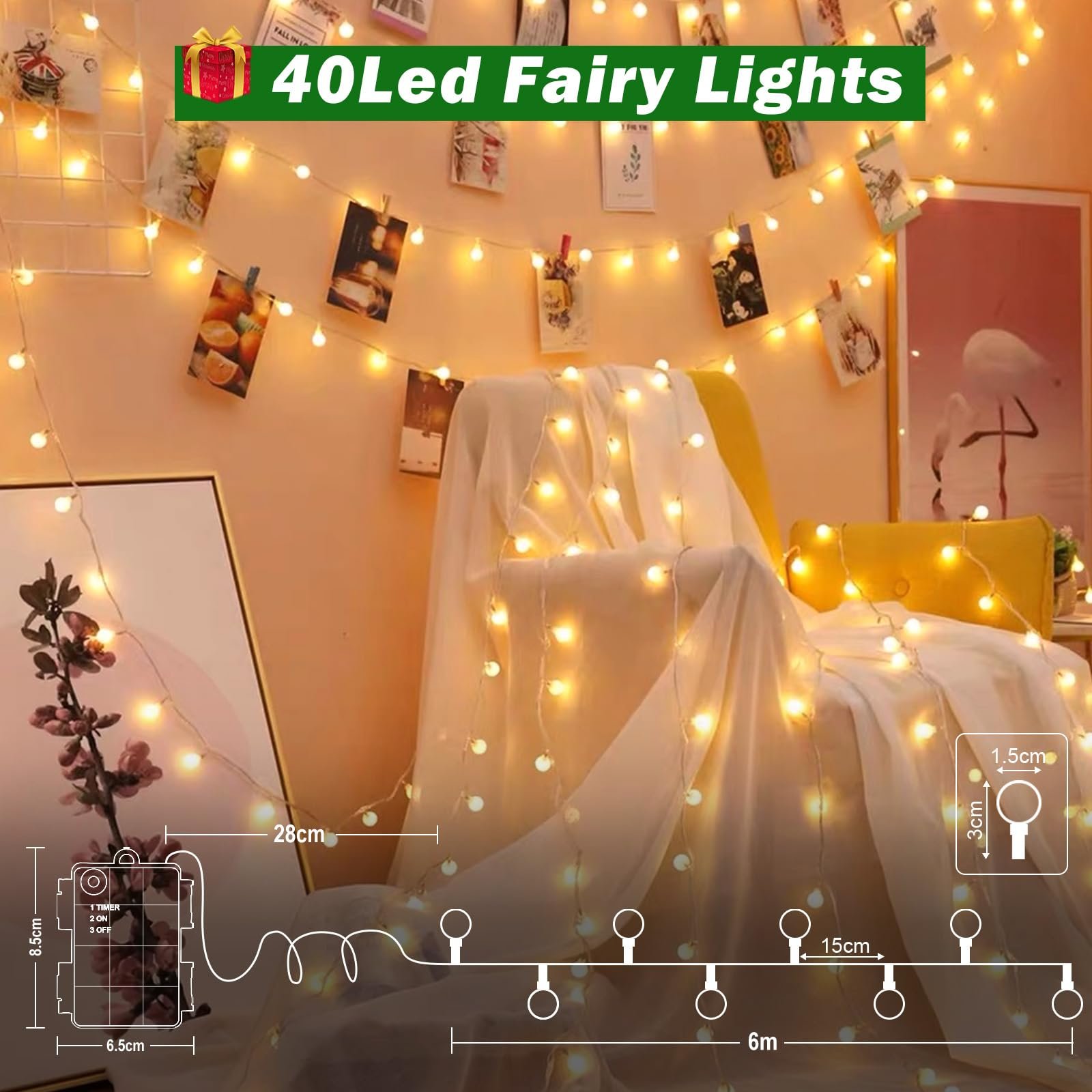 Світлодіодна Гірлянда Cshare Кульки 6 м 40 LED Живлення від батарейок Теплий білий, фото №5