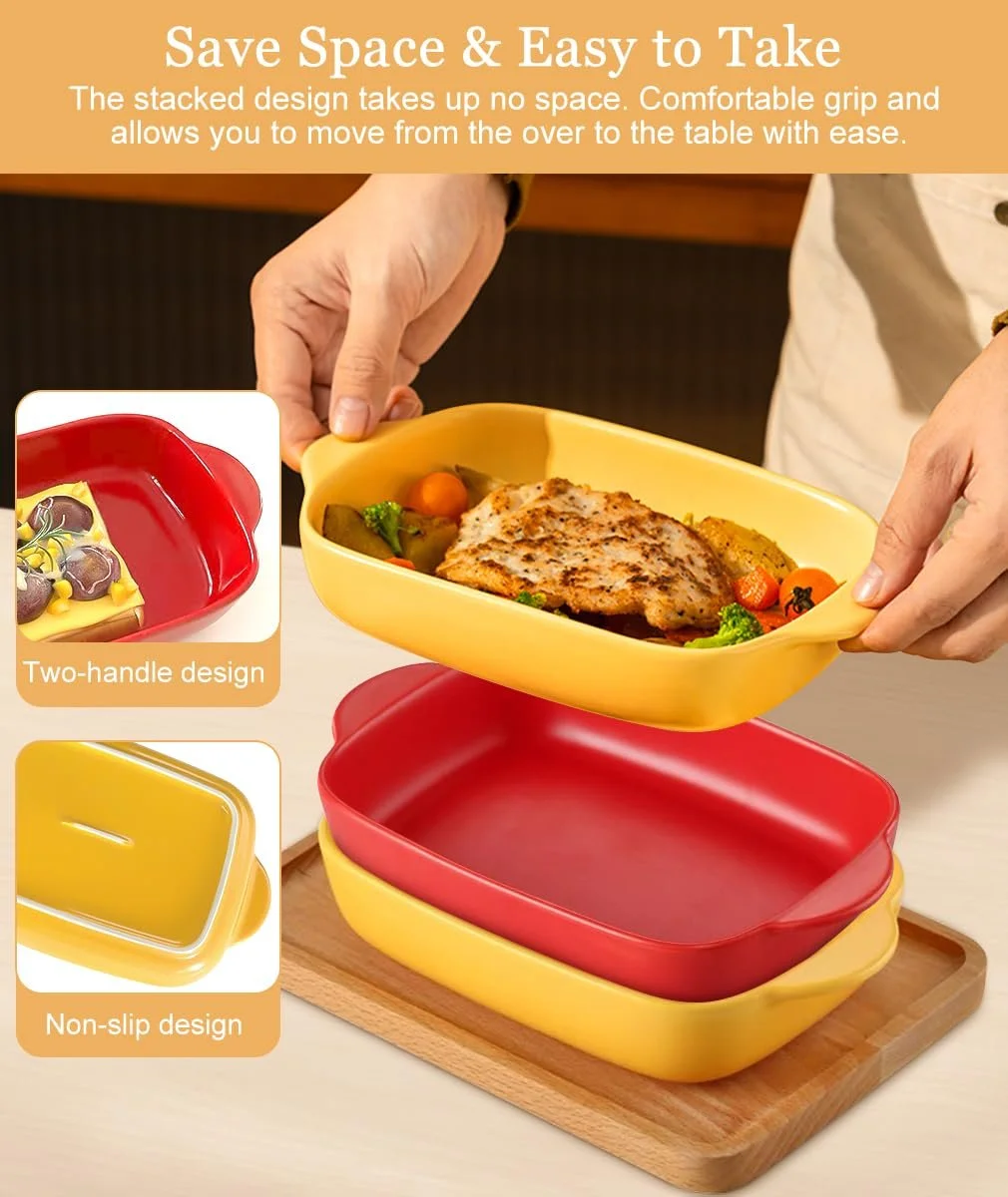 Набір форм для запікання 2 шт прямокутні керамічні з ручками 23х14 см жовта та червона, фото №3