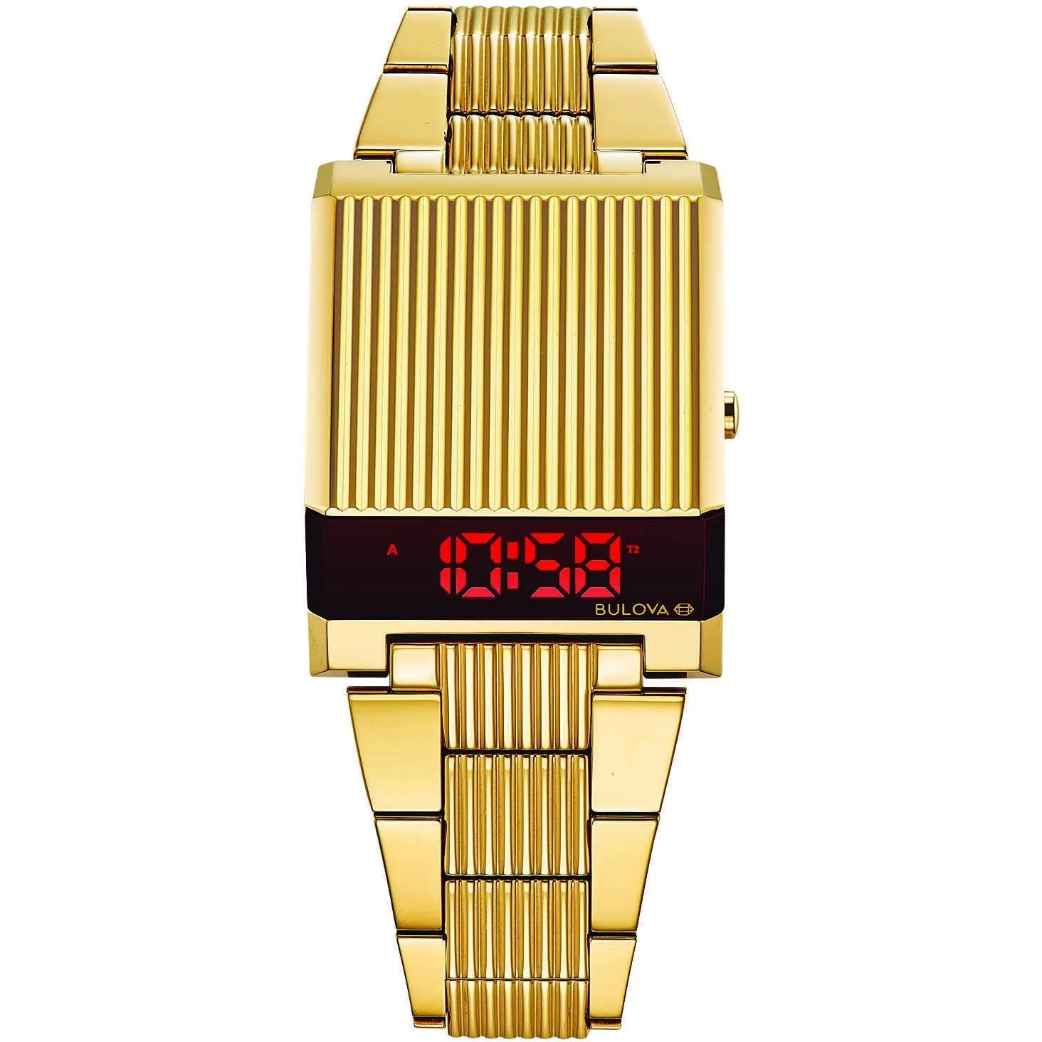 Цифровые часы Bulova Computron 97c110, корпус и ремешок из стали, цвет жёлтое золото, водонепроницаемость до 30 м, современный/футуристичный стиль, унисекс, фото №1 Цифровые часы Bulova Computron 97c110, корпус и ремешок из стали, цвет жёлтое золото, водонепроницаемость до 30 м, современный/футуристичный стиль, унисекс, фото №1