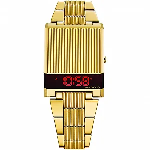 Цифровые часы Bulova Computron 97c110, корпус и ремешок из стали, цвет жёлтое золото, водонепроницаемость до 30 м, современный/футуристичный стиль, унисекс - Фото 1