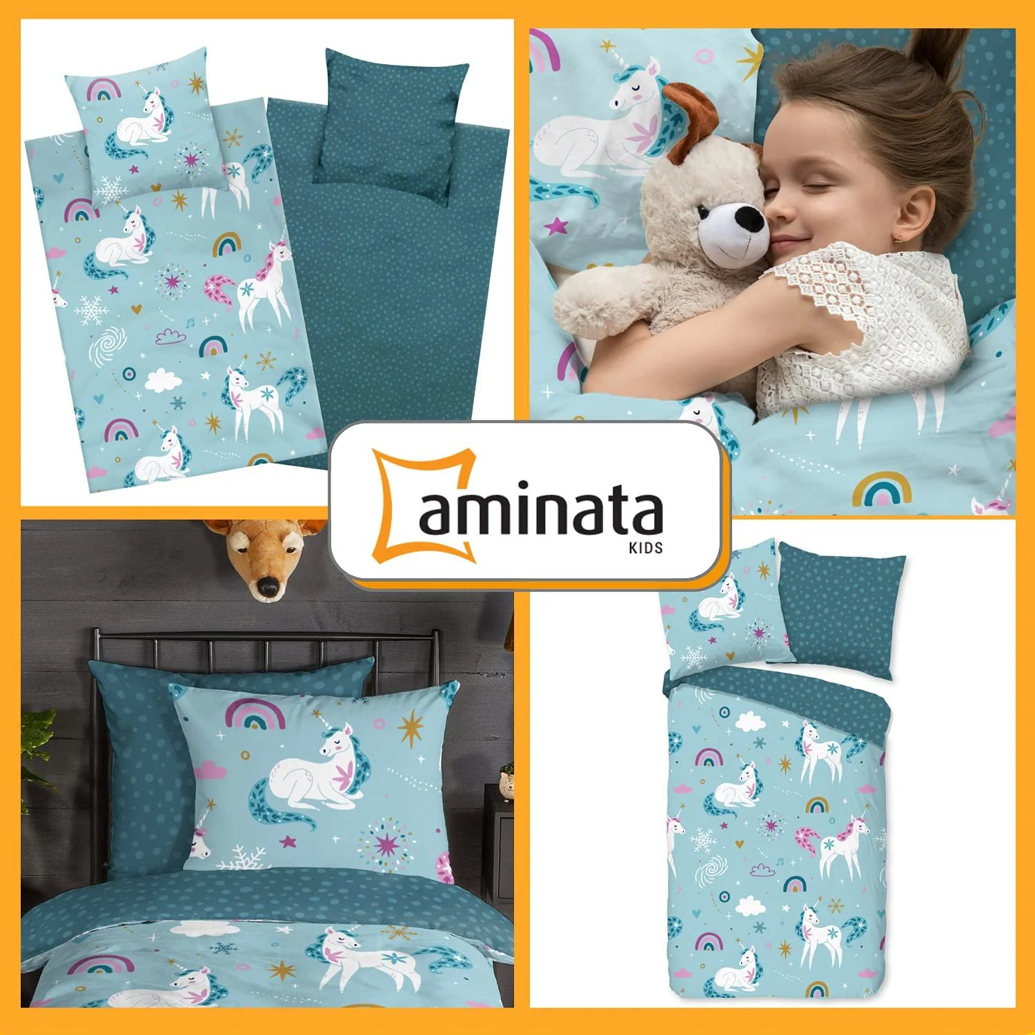 Детское постельное белье Aminata kids Unicorn 135 x 200 см фланель хлопок бензиновый с радугой, фото №2