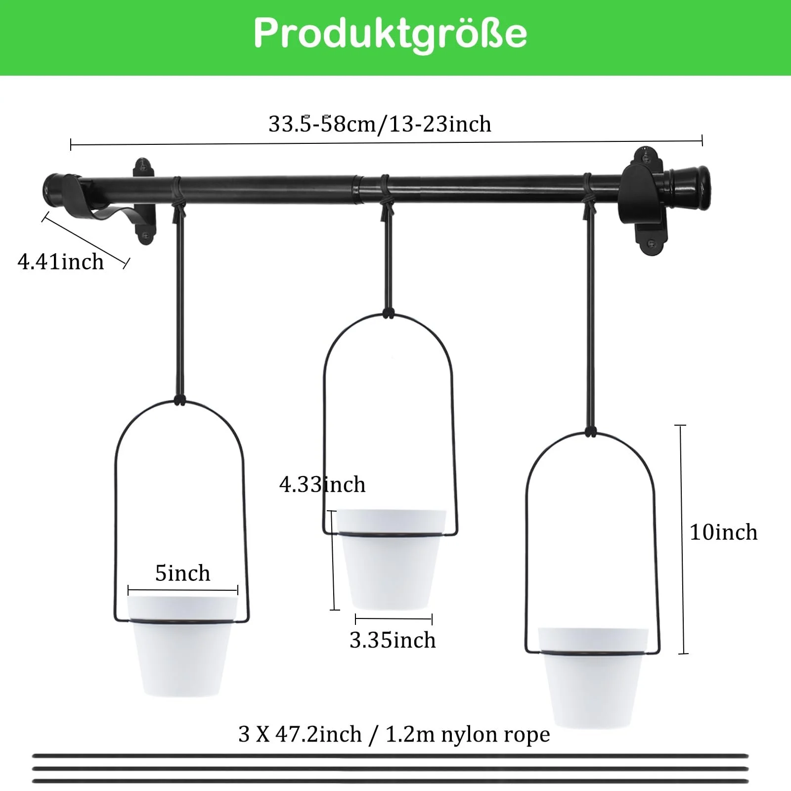 Підвісний кошик DOUBFIVSY з 3 горщиками меламін Регульований ЧОРНИЙ, фото №2 Підвісний кошик DOUBFIVSY з 3 горщиками меламін Регульований ЧОРНИЙ, фото №2