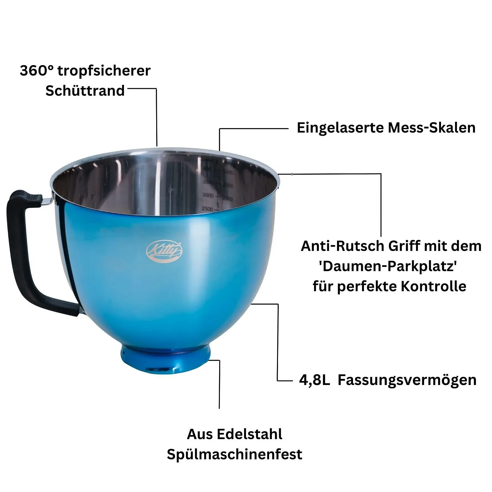 Миска Kitty Professional Super Bowl для Kitchen Aid 4,3 та 4,8 л нержавіюча сталь Блакитне небо, фото №4