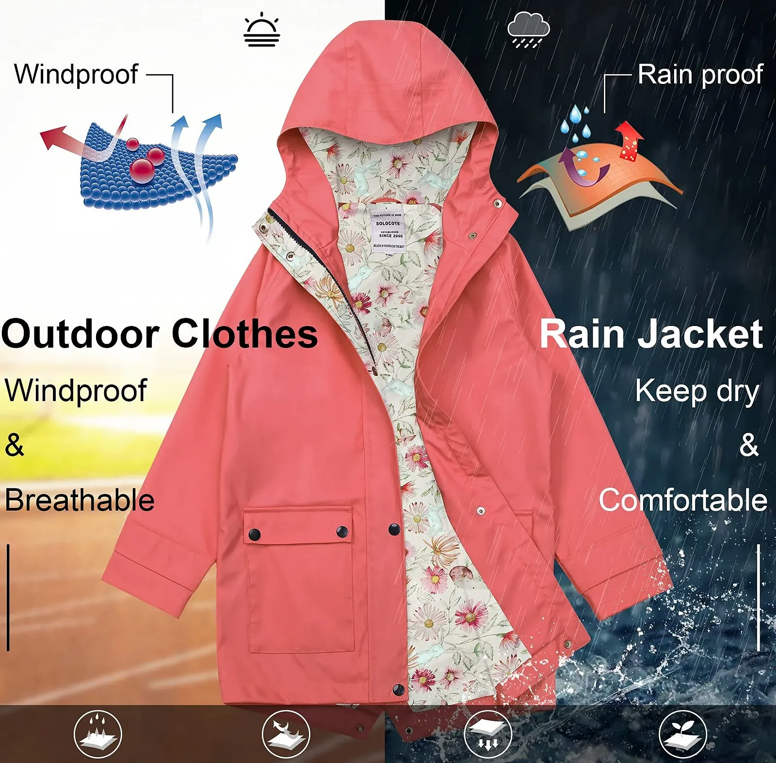 Детская дождевая куртка с капюшоном Solocote, водонепроницаемая, ветрозащитная, фото №4