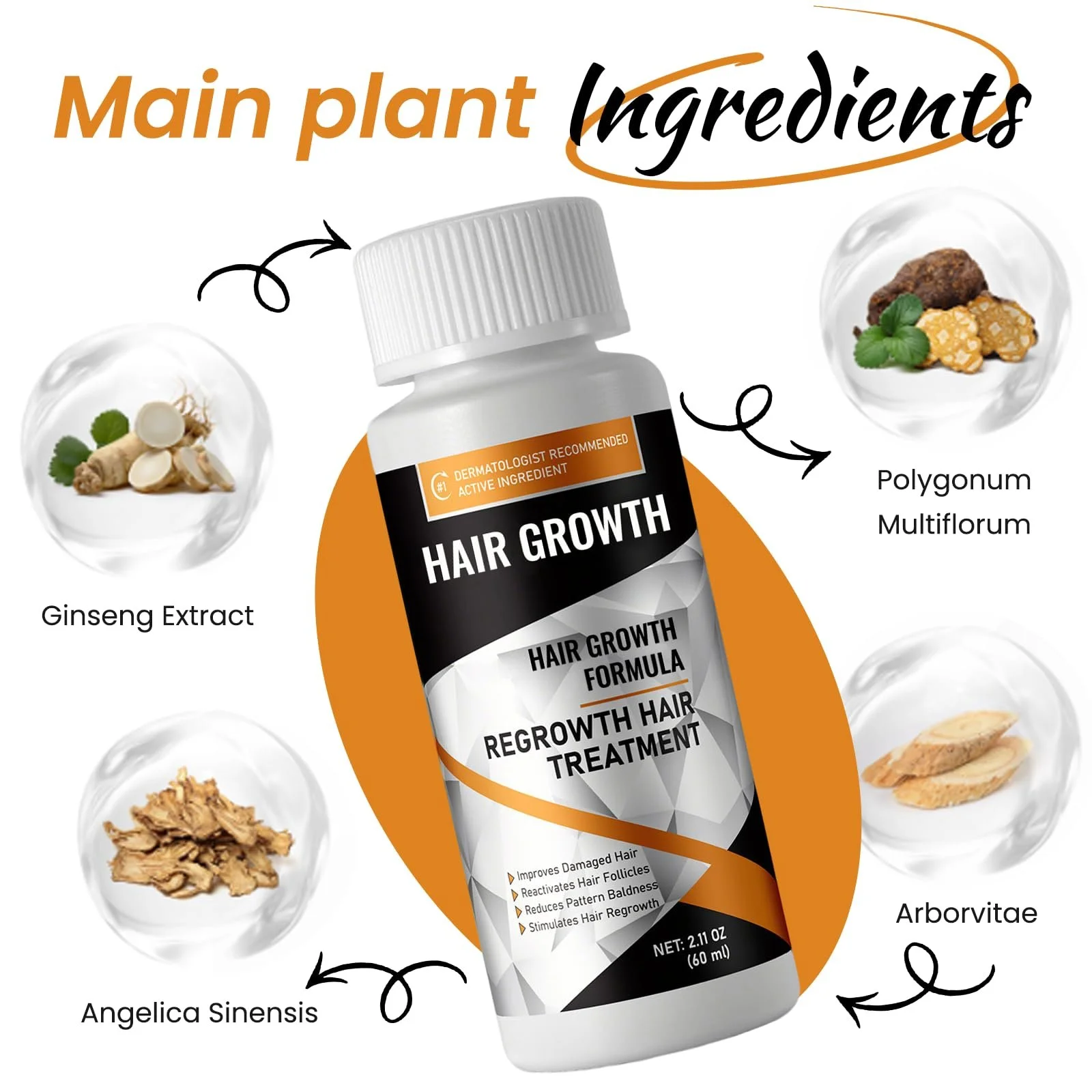 Сироватка для росту волосся 60 мл, проти випадіння волосся для чоловіків та жінок, фото №2